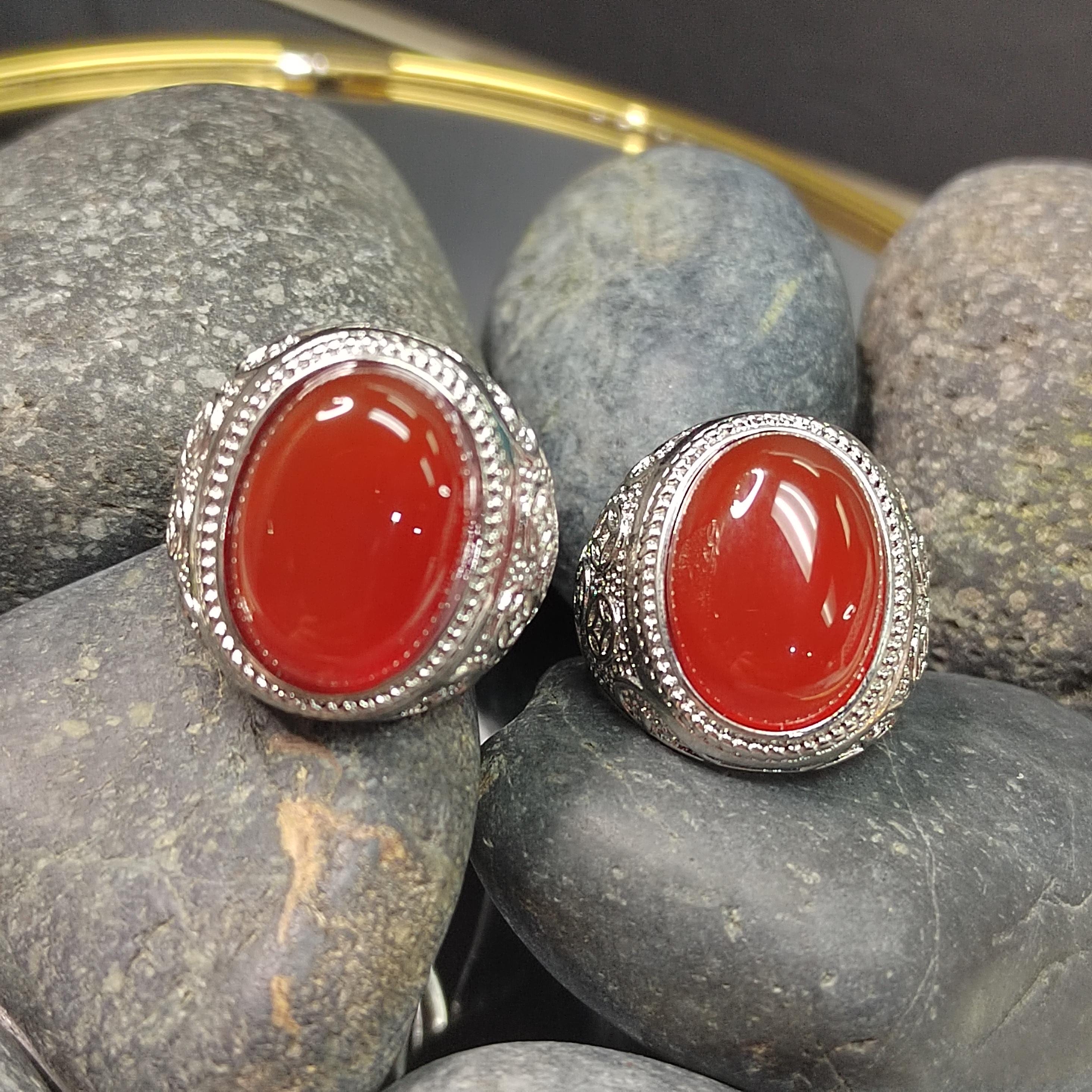 Natural Baoshan Nanhong Icy Red Agate Large Men’s Ring | Adjustable | Rare Collector’s Gemstone | 18K White Gold Plated SL361