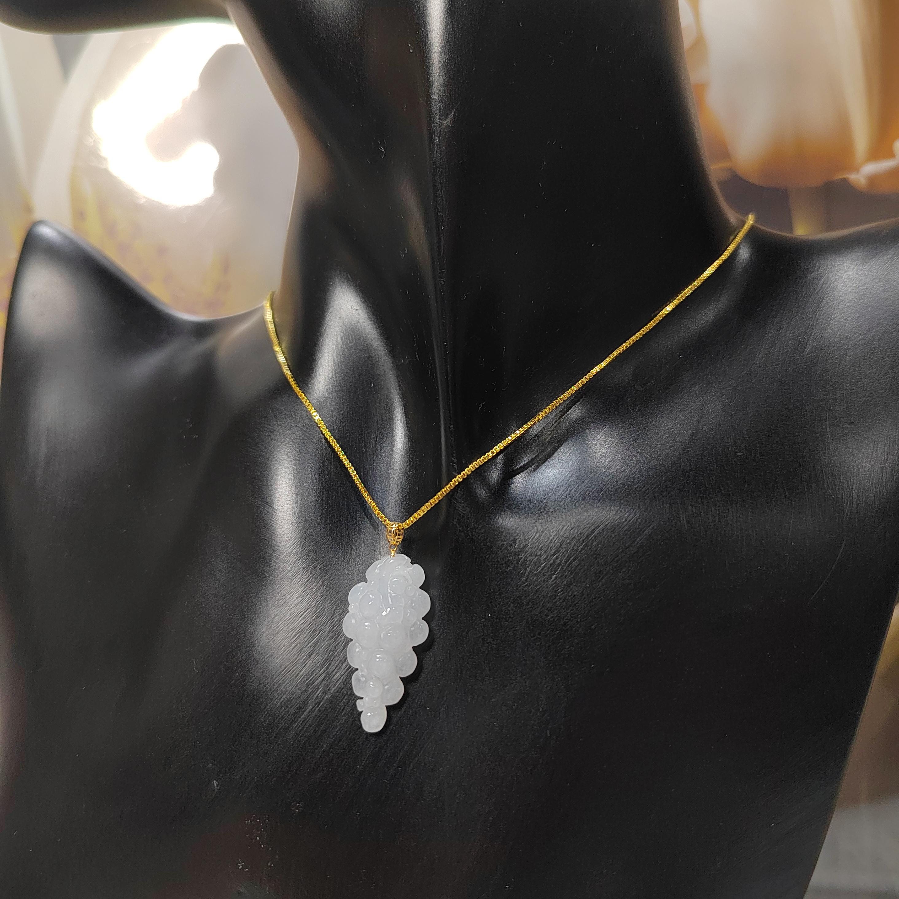 Burmese Natural A Grade White Jadeite Grapes Carved Gemstone with 18K Solid Yellow Gold Setting - Gifts for Her, SL025