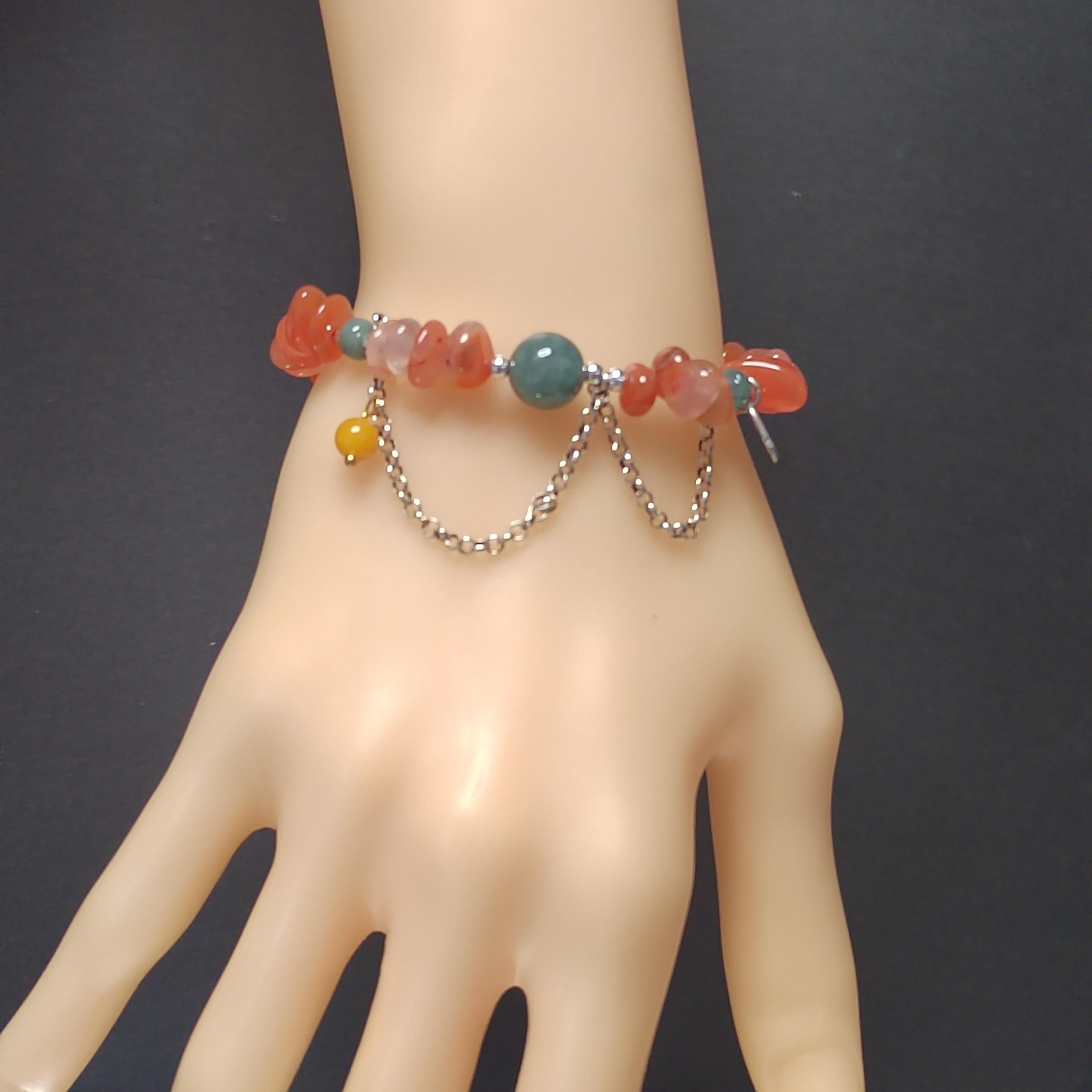 Natural Handmade China Icy Uneven Cut Orange Red Nanhong Agate, Beeswax Amber & Burmese Jadeite Bead Bracelet Jewelry SL326