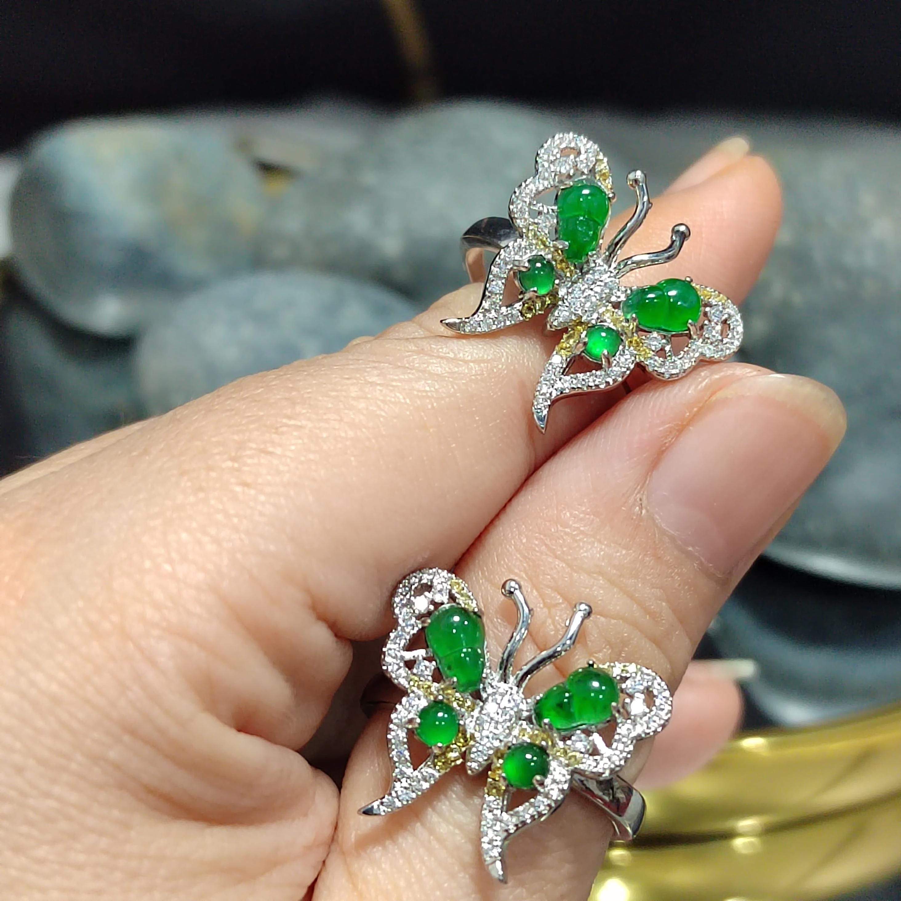 Certified Natural Untreated Burmese Imperial Green Elegant Butterfly Zircon S925 2 Tones Silver Gold Jadeite Ring(1pc) SL367x35