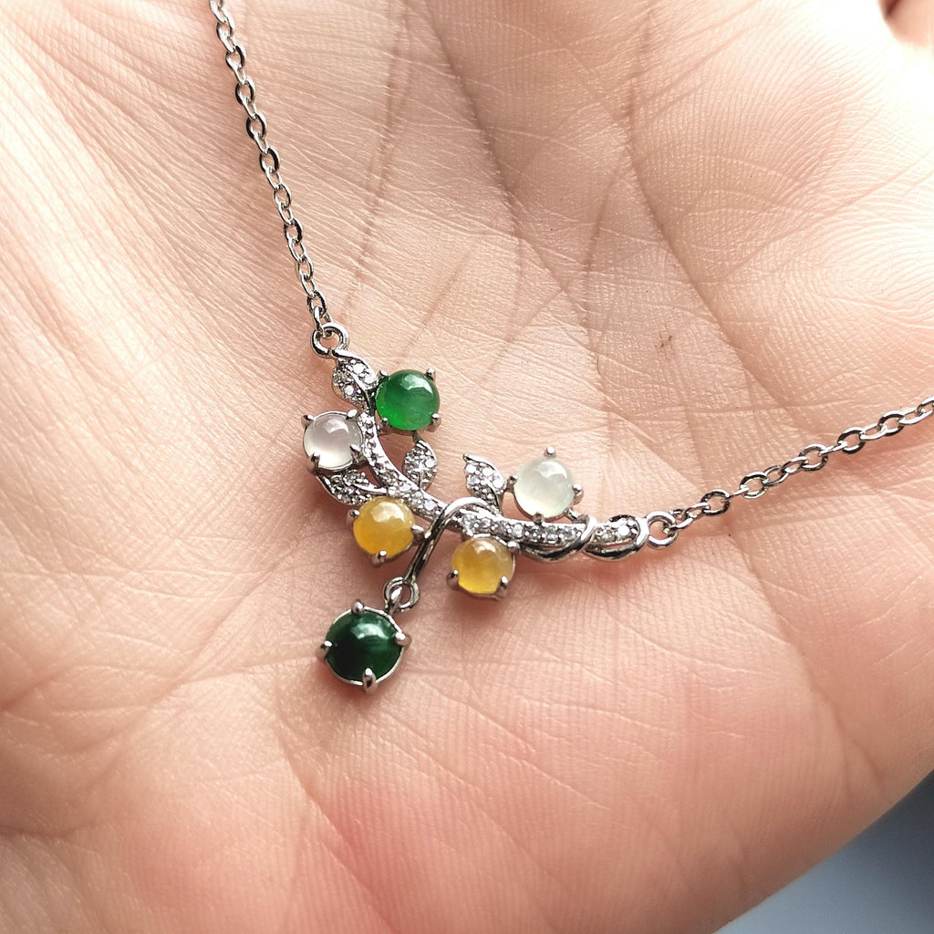 3 Colors Women Burmese Icy White, Yellow, Imperial Green Jadeite Necklace with Zircon Accent 925 Silver Plated with 18K White Gold SL082