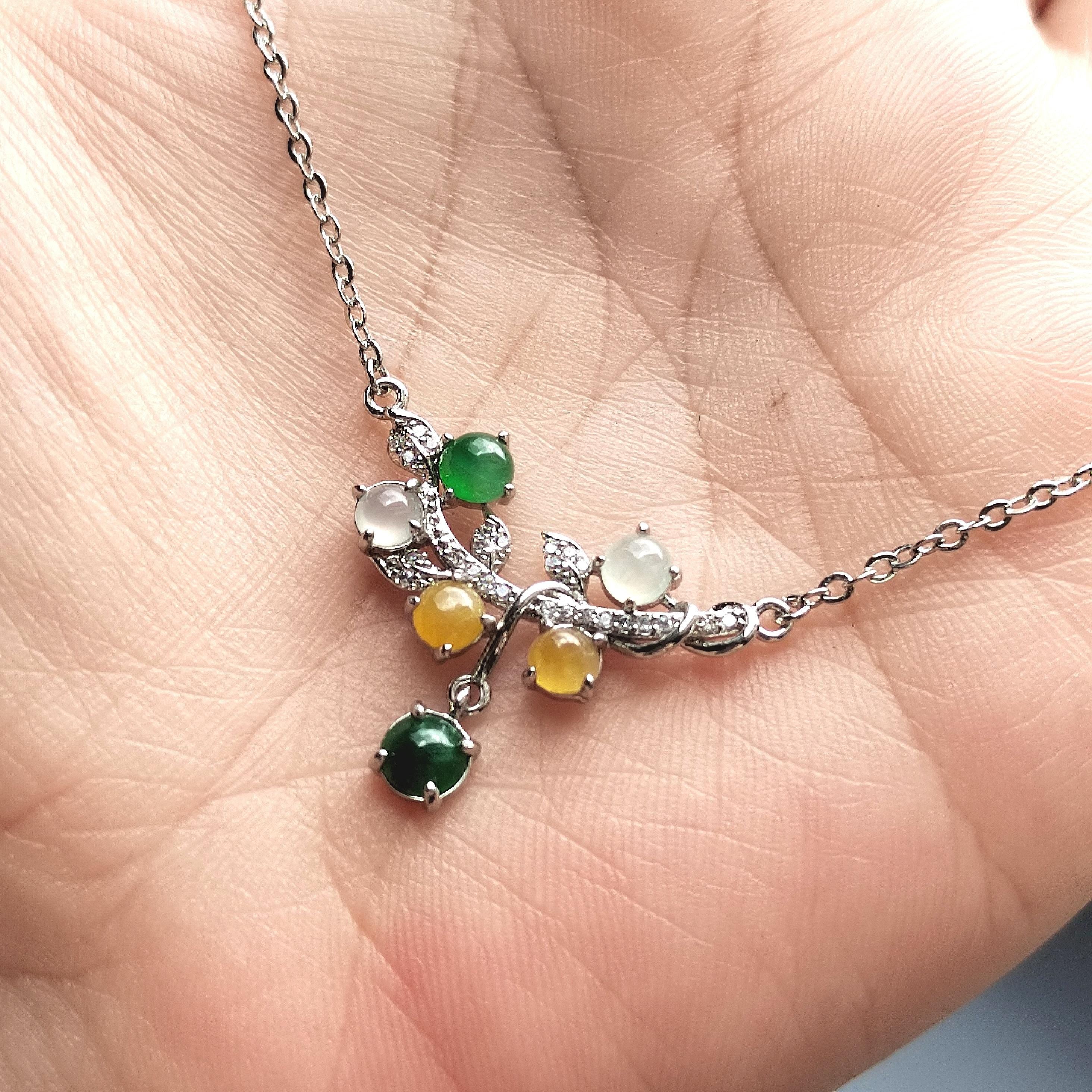 3 Colors Women Burmese Icy White, Yellow, Imperial Green Jadeite Necklace with Zircon Accent 925 Silver Plated with 18K White Gold SL082