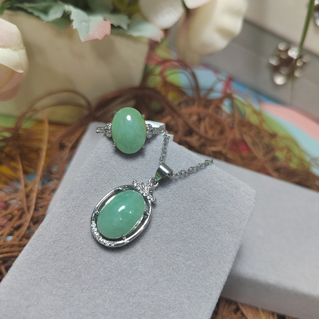 Burmese Natural Gemstone Untreated Light Apple Green Pendant and Ring 2pcs Set Jewellery For Her Minimalist Design SL070