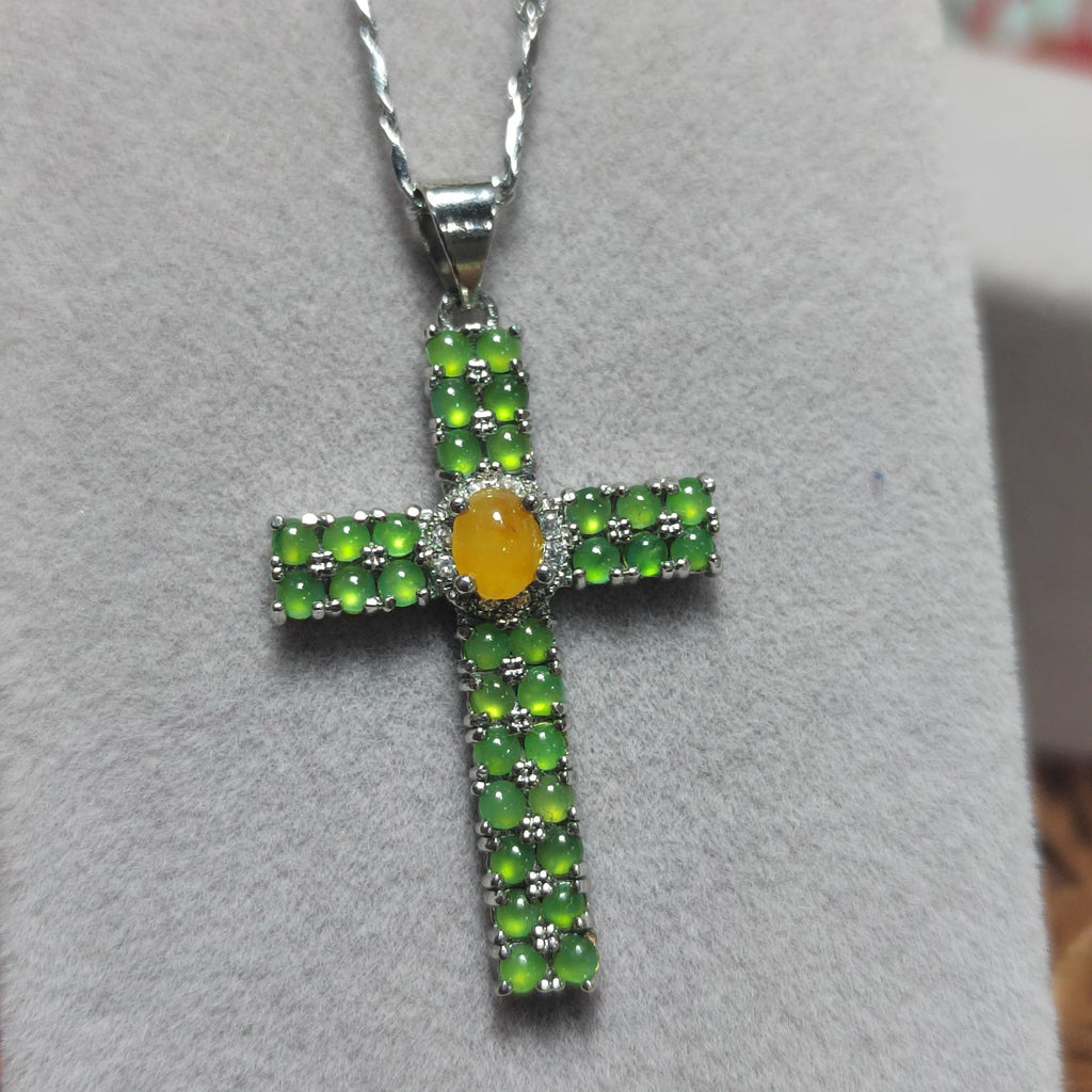 Certified Beautiful Gemstone A Grade Burmese Natural Apple Green/Yellow Jadeite Cross 925 Untreated Christian Cross Jewelry Gifts SL058 - SL Precious