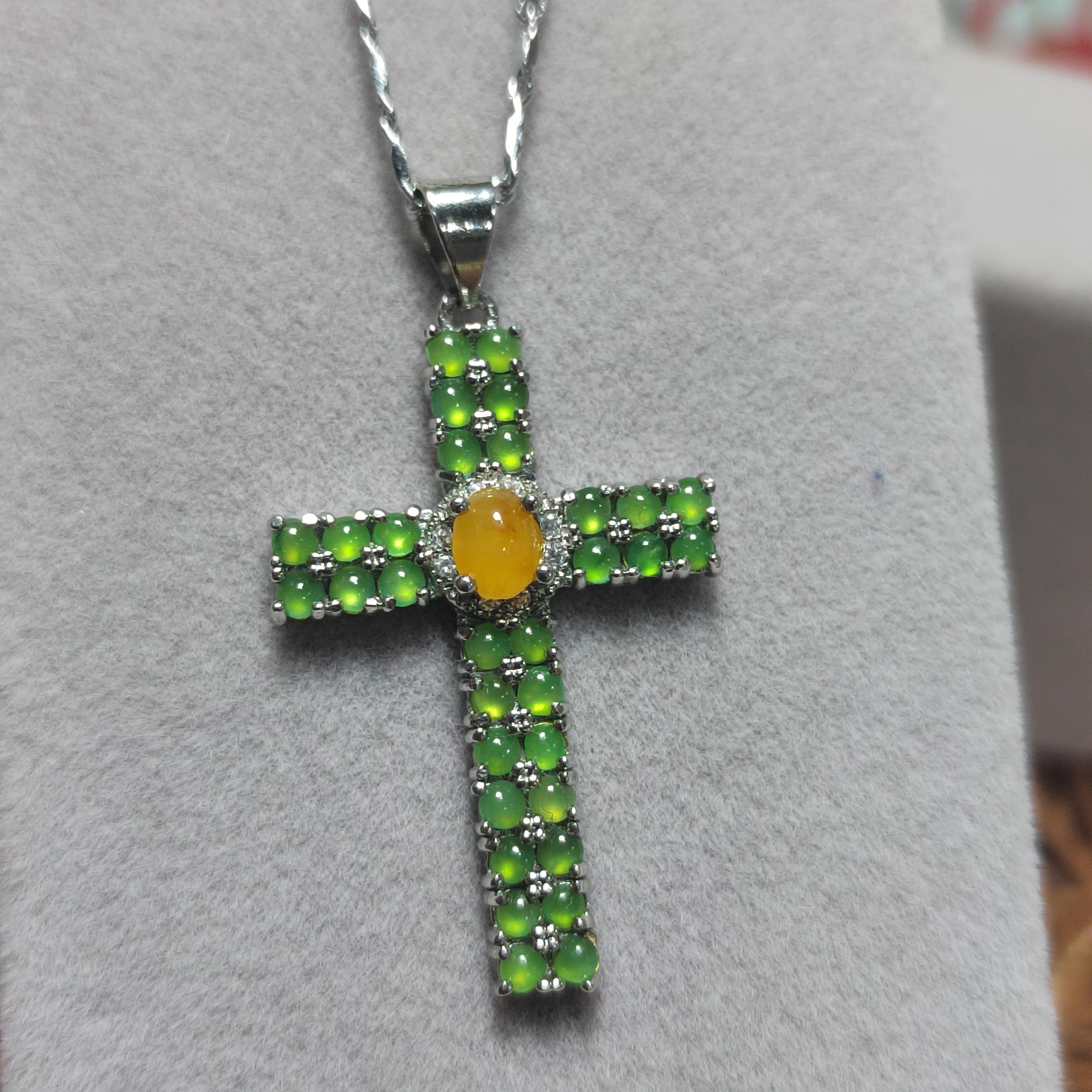 Certified Beautiful Gemstone A Grade Burmese Natural Apple Green/Yellow Jadeite Cross 925 Untreated Christian Cross Jewelry Gifts SL058 - SL Precious