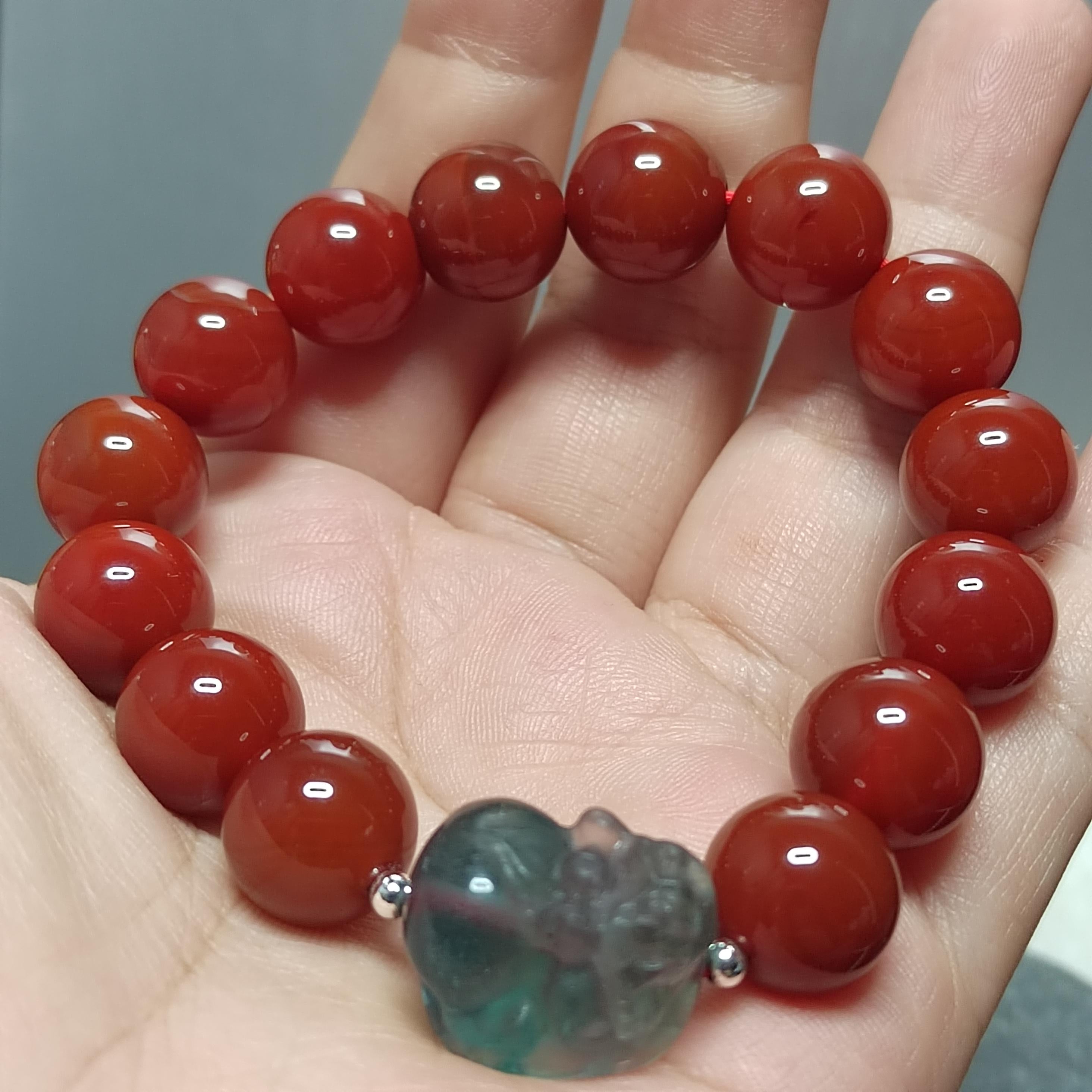 Certified A-Grade Natural China Baoshan Southern Red Oily Nanhong & Fluorite Brave Troops Bead Bracelet Handmade Design SL282