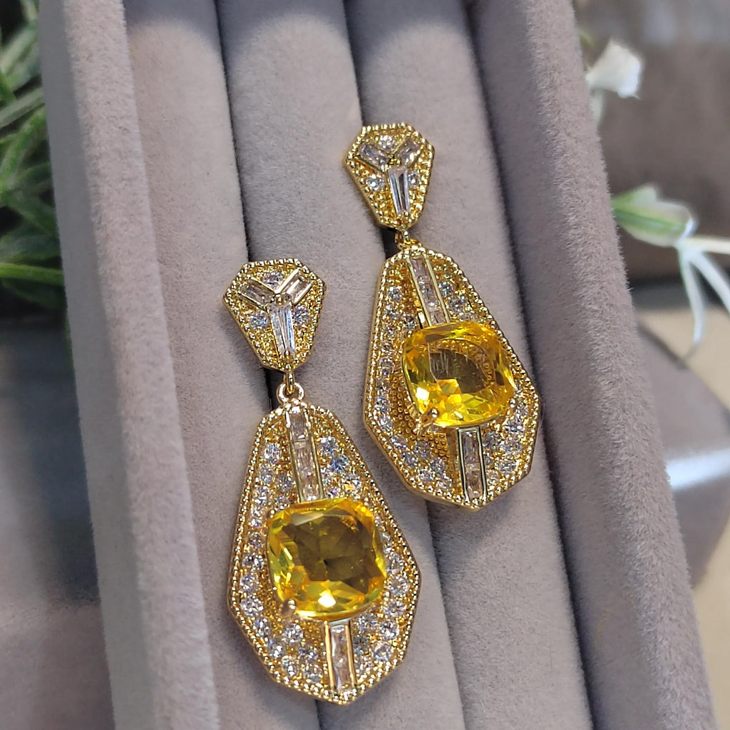 Real Gold Plated Stud Zircon White Yellow Luxury Elegant Earring Party, Anniversary, Wedding, Casual SL157 - SL Precious