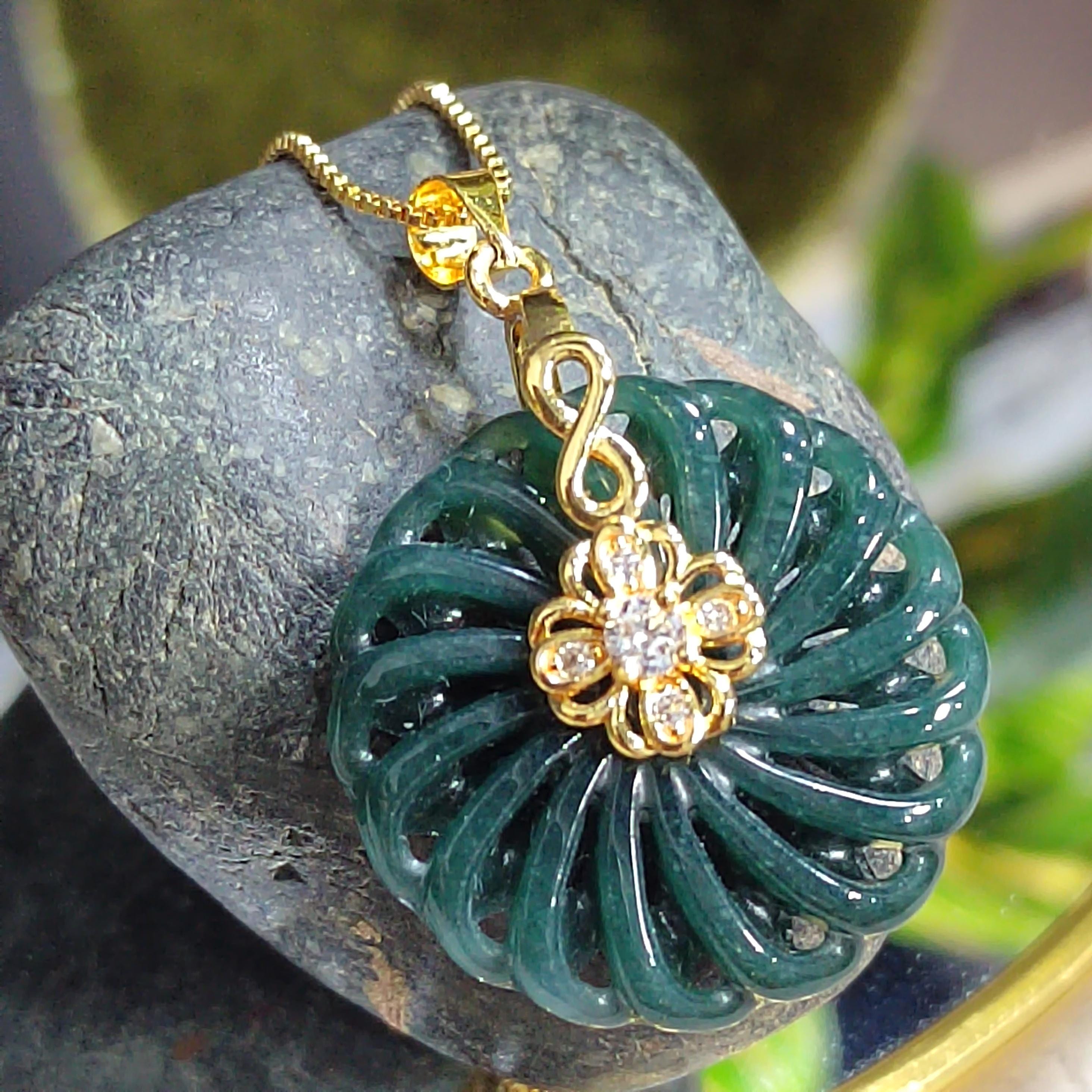 Hand Carved Guatemala Round Flower Lucky Spin Dark Green Natural Untreated Jadeite Pendant SL076 - SL Precious