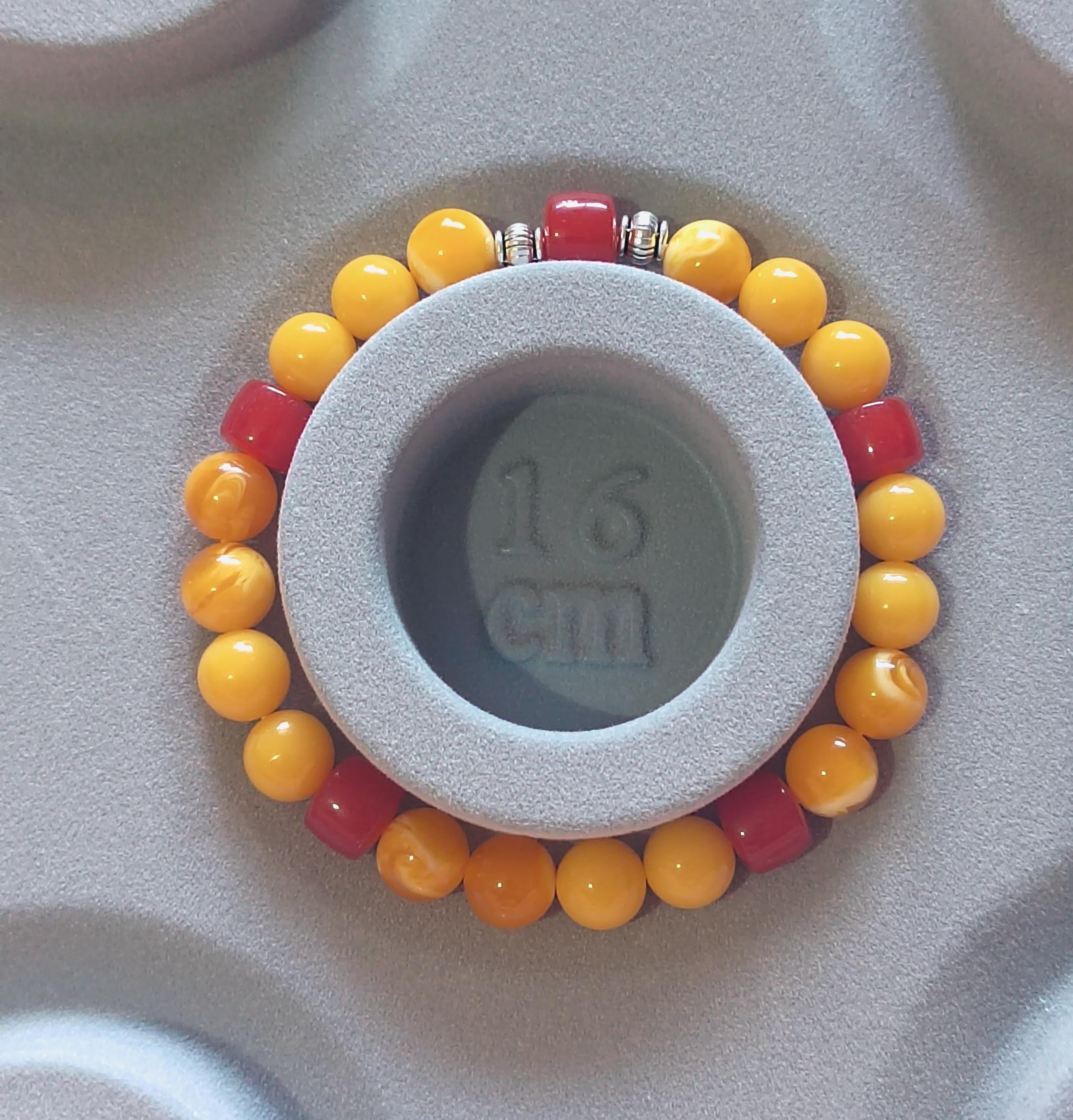 Natural Handmade Russian Baltic Beeswax Amber & China Southern Nanhong Agate S999 Pure Silver Bead Bracelet - Gifts for Her SL328