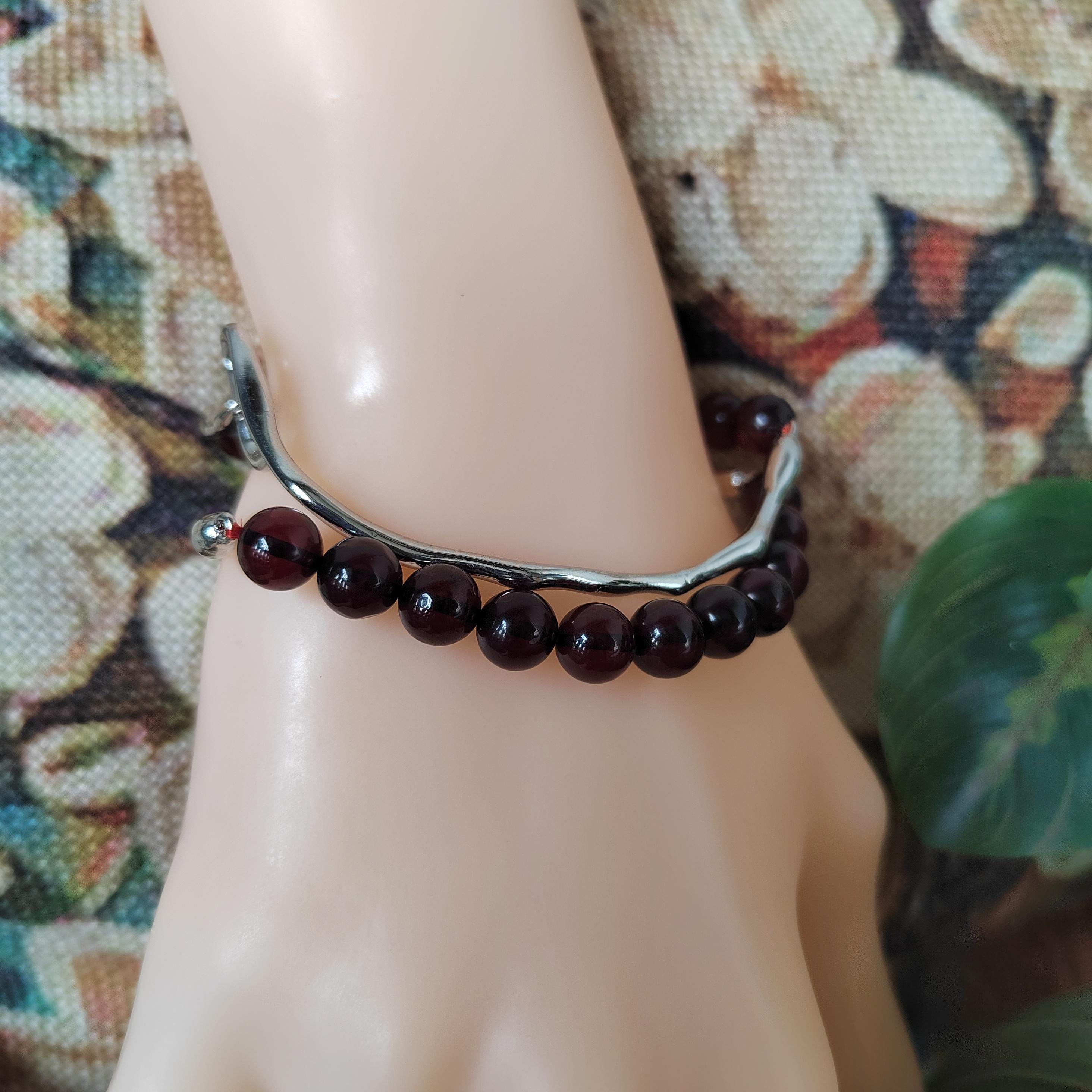Burmese Natural Blood Amber Bead Bangle/Bracelet | Unique Design | 18k White Gold Plated SL126