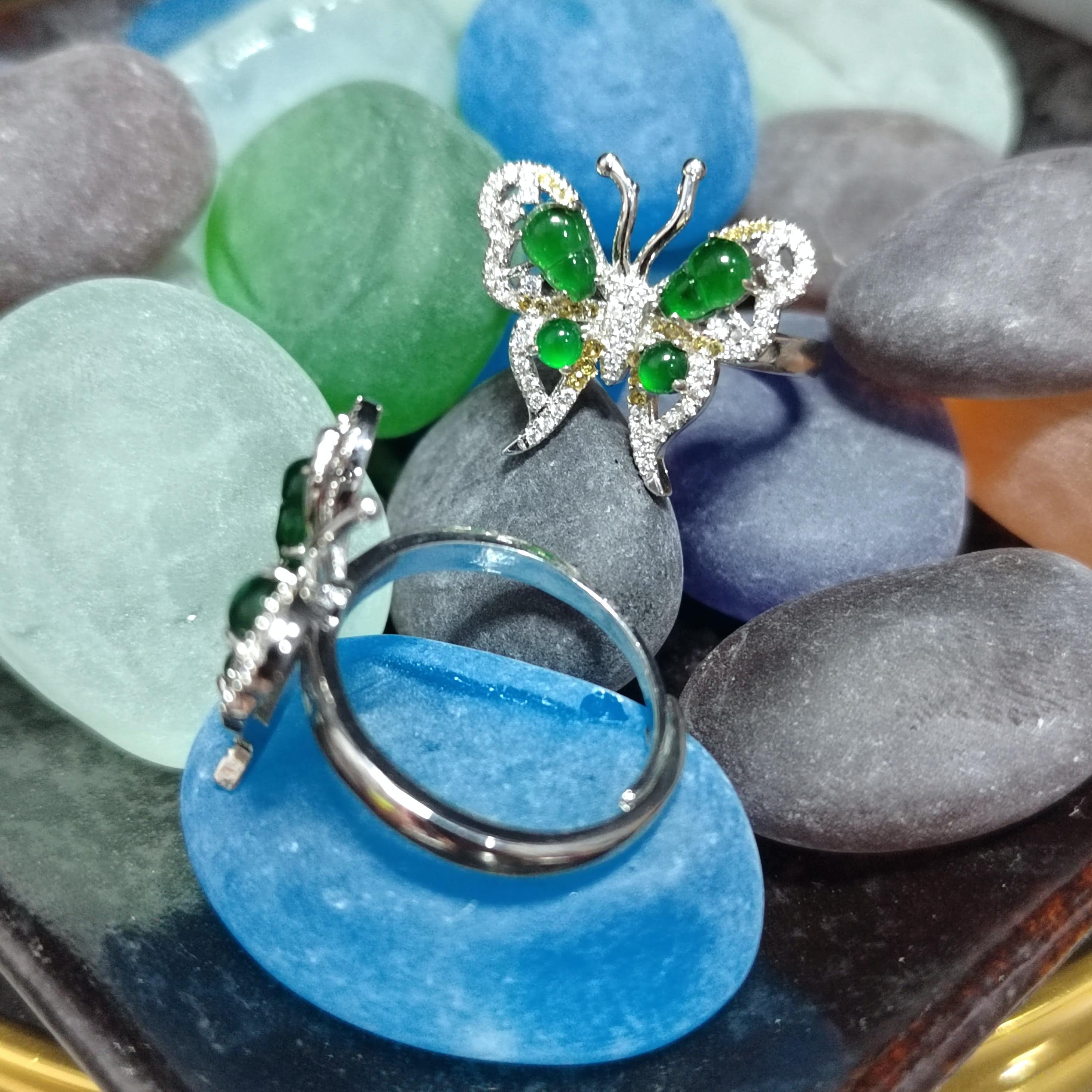 Certified Natural Untreated Burmese Imperial Green Elegant Butterfly Zircon S925 2 Tones Silver Gold Jadeite Ring(1pc) SL367x35