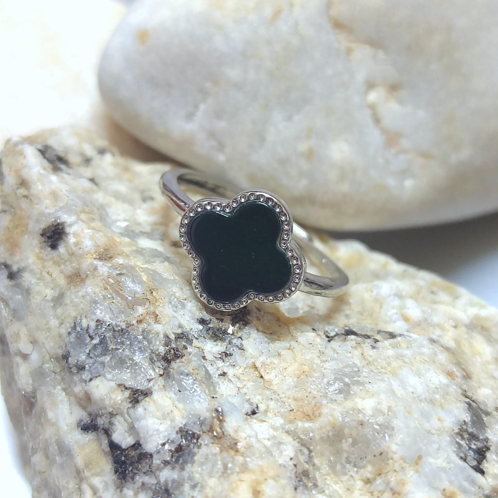 Certified Minimalist A-Grade Natural Untreated Burmese Black Ink Jadeite S925 Sterling Silver Lucky Flower Ring For Her SL255X14 - SL Precious