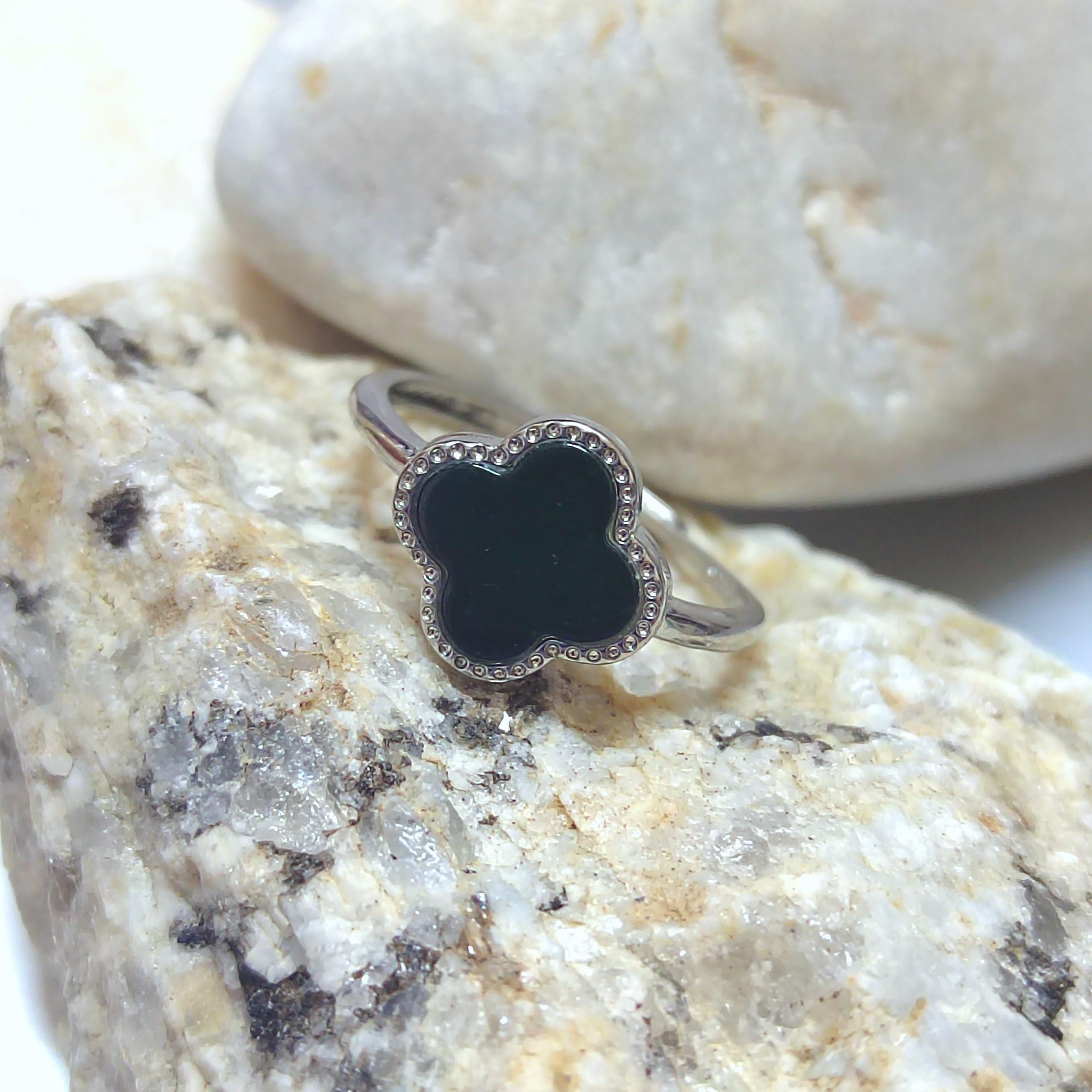 Certified Minimalist A-Grade Natural Untreated Burmese Black Ink Jadeite S925 Sterling Silver Lucky Flower Ring For Her SL255X14 - SL Precious