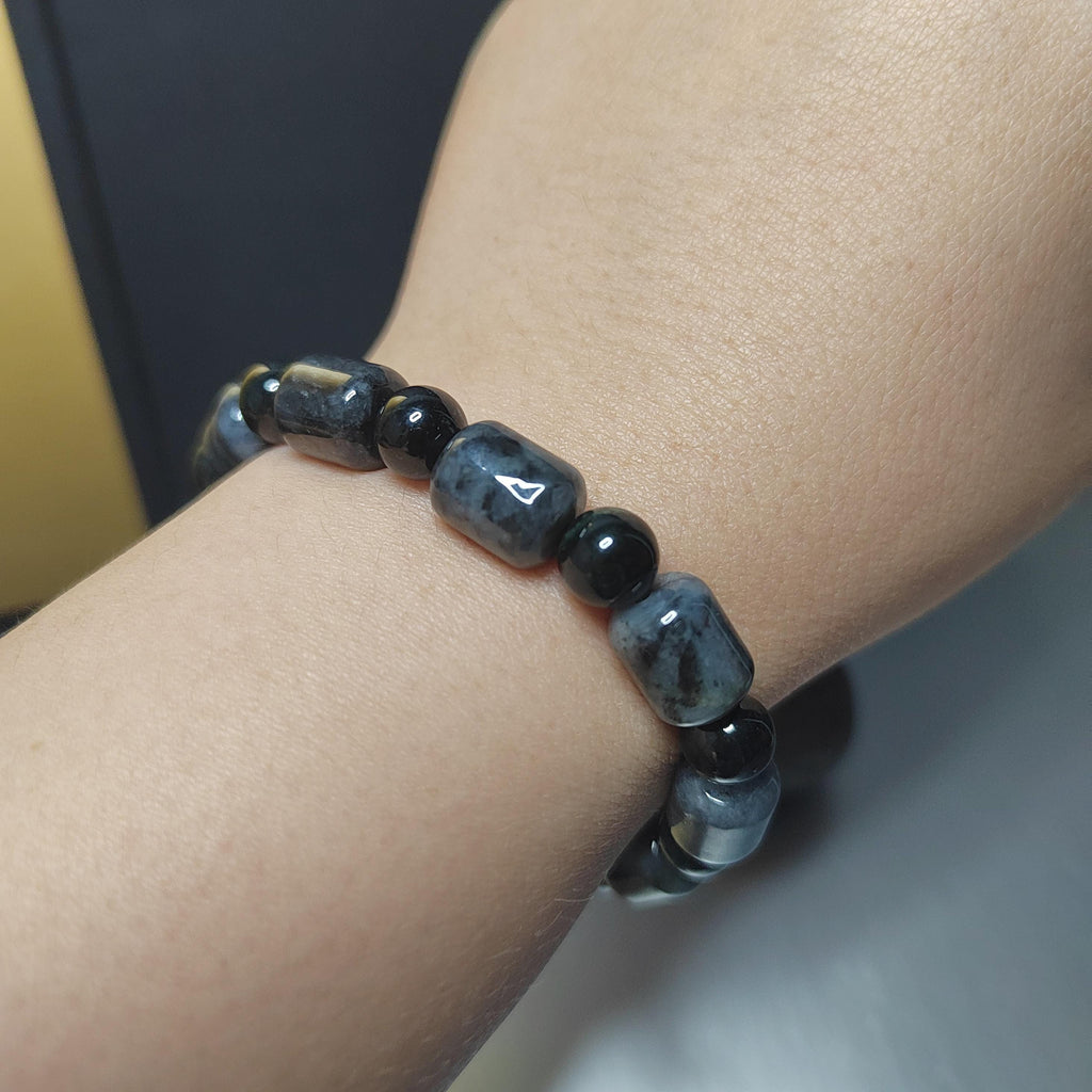 Natural Certified Burmese Cylinder Black/Grey Wuji & Round Bead Black Ink Jadeite Bracelet SL229 - SL Precious