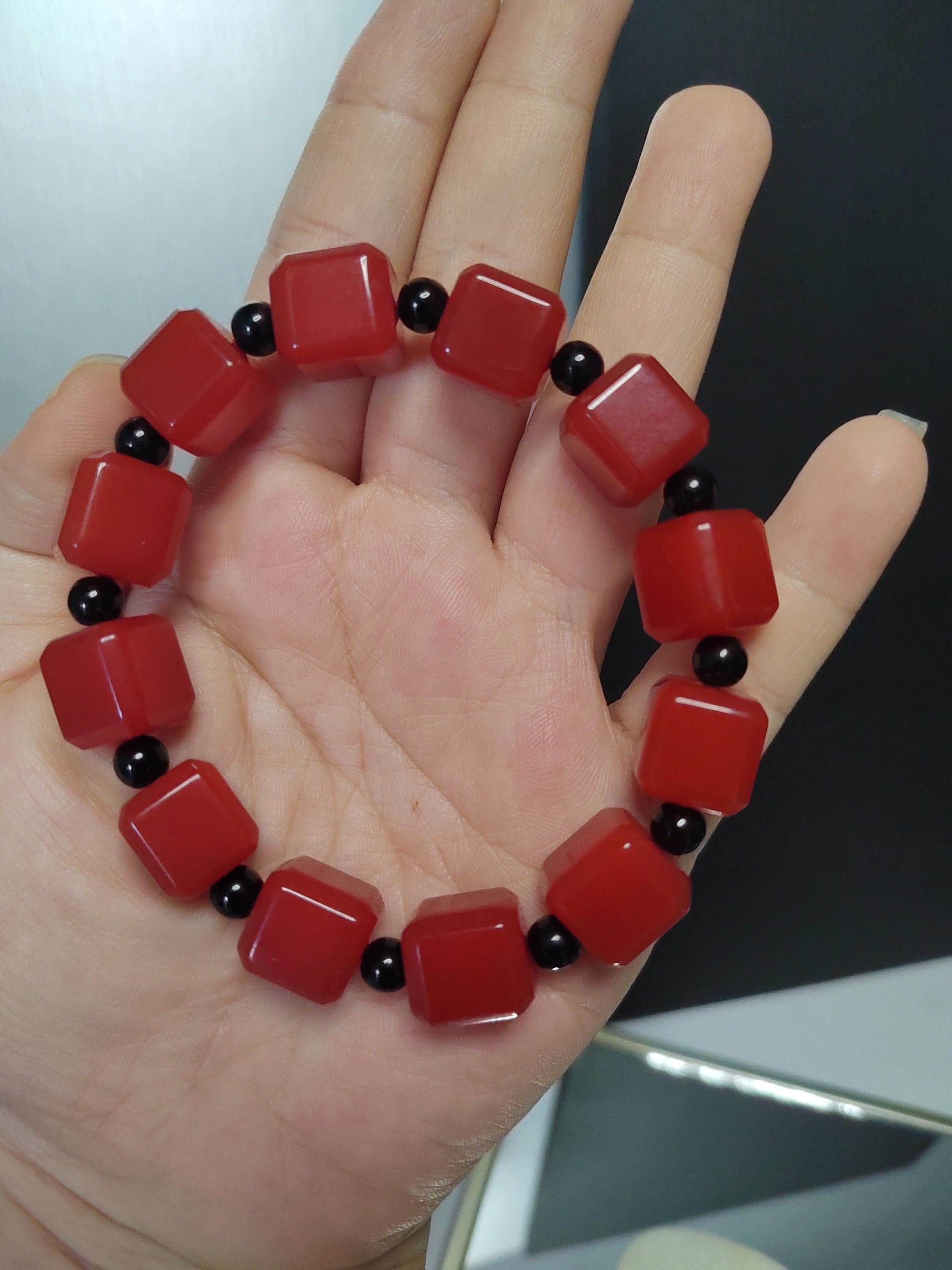 Certified A-Grade Natural Southern Baoshan Yunna Square Shape Icy Red Agate Beads Bracelet Untreated SL266X25 云南保山南红方糖手串，冰红，满肉，透光