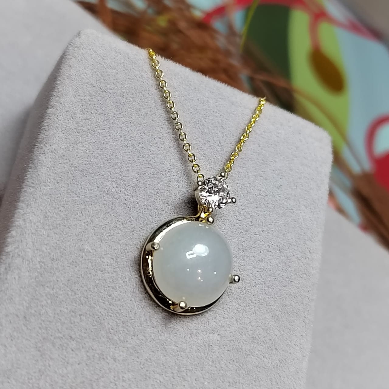 Certified Minimalist Pendant Elegant A-Grade Natural Untreated White Round Jadeite with Zirconia 18K Yellow Gold  Gift for Mom, Wife SL042 - SL Precious