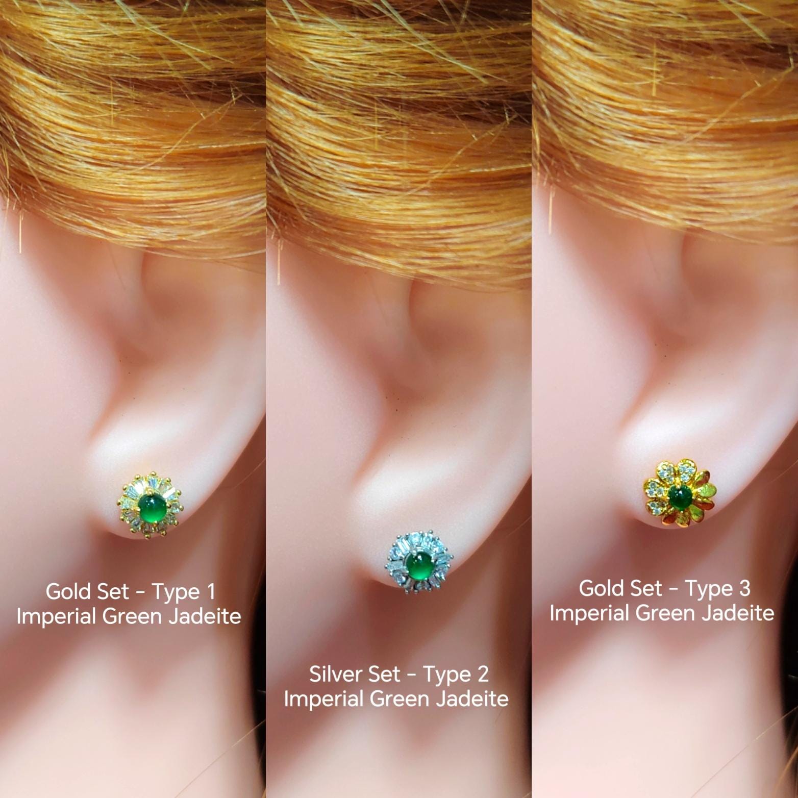 Certified 3 Different Types Natural  Imperial Green Minimalist Stud Guatemala Jadeite Earrings 18k Plated on 925 Sterling Silver SL349x29 - SL Precious