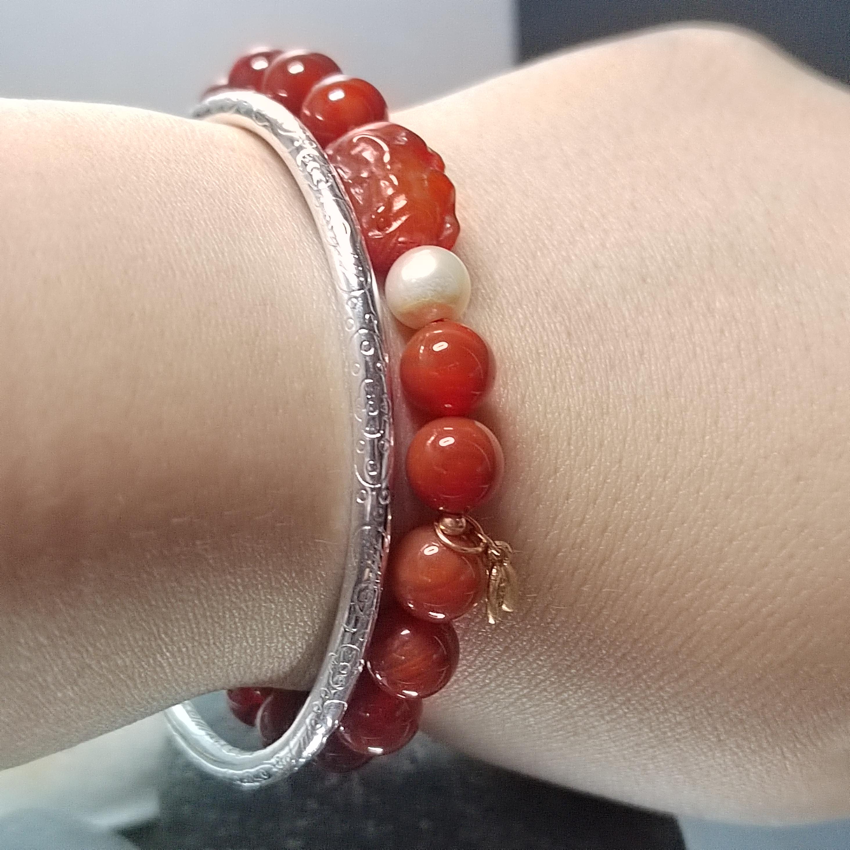 Certified Natural Untreated China Baoshan Southern Red Oily Nanhong Agate Brave Troops Bead, Fresh Water Pearl l, S925 Leaf Bracelet SL281