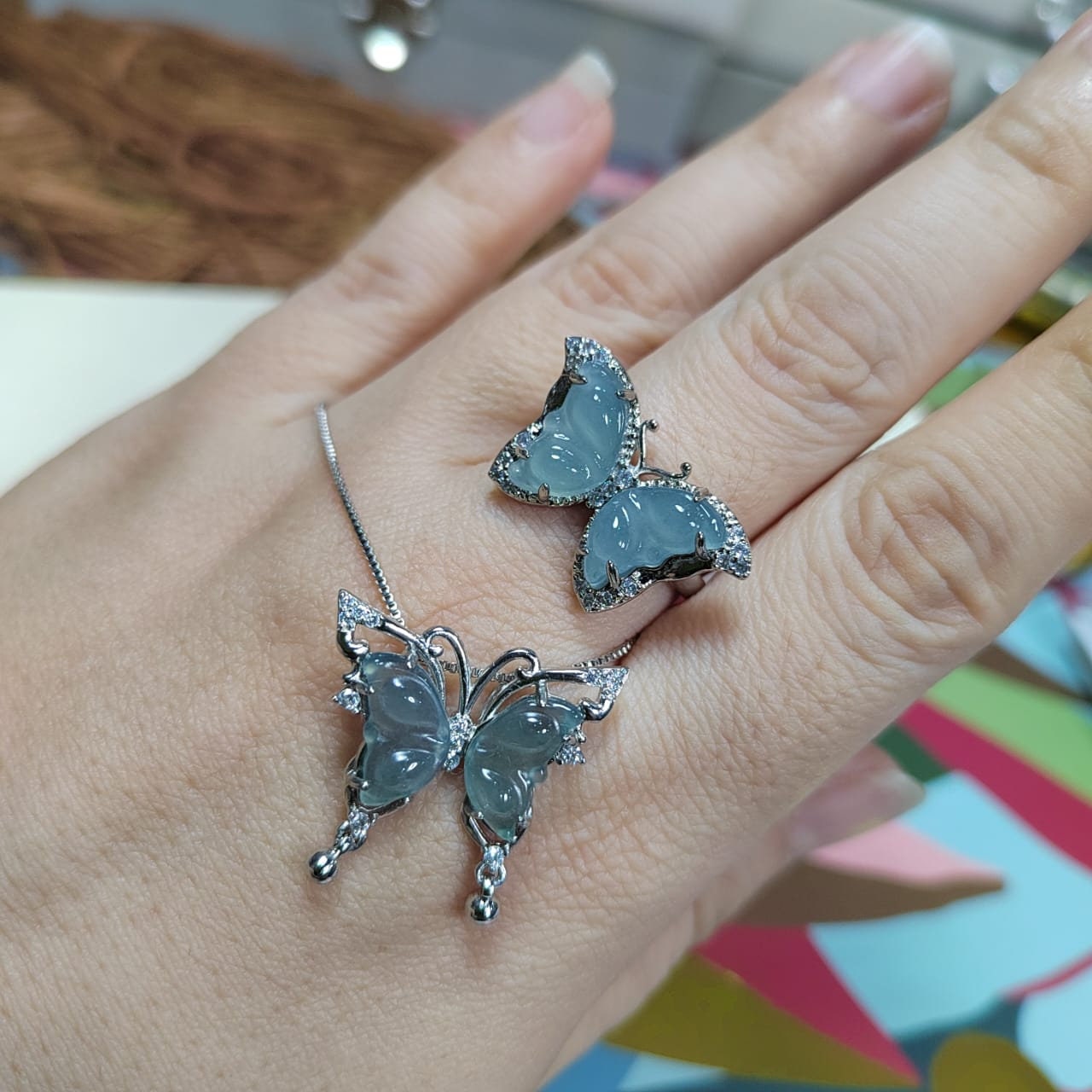 Natural Untreated Guatemala A-Grade Ring & Necklace Set Guatemala Natural Icy Ocean Blue Jadeite "Butterfly" Pendant on 18k White Gold Plate - SL Precious
