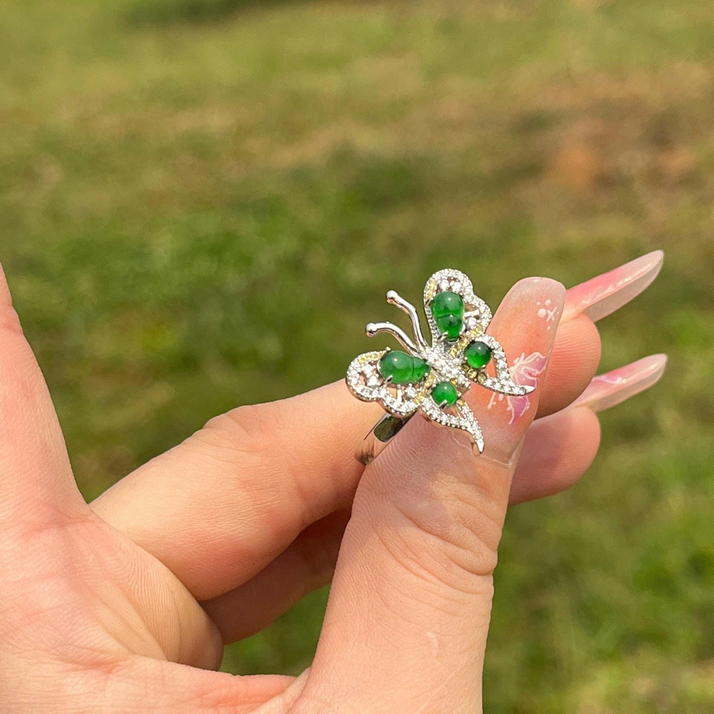 Certified Natural Untreated Burmese Imperial Green Elegant Butterfly Zircon S925 2 Tones Silver Gold Jadeite Ring(1pc) SL367x35