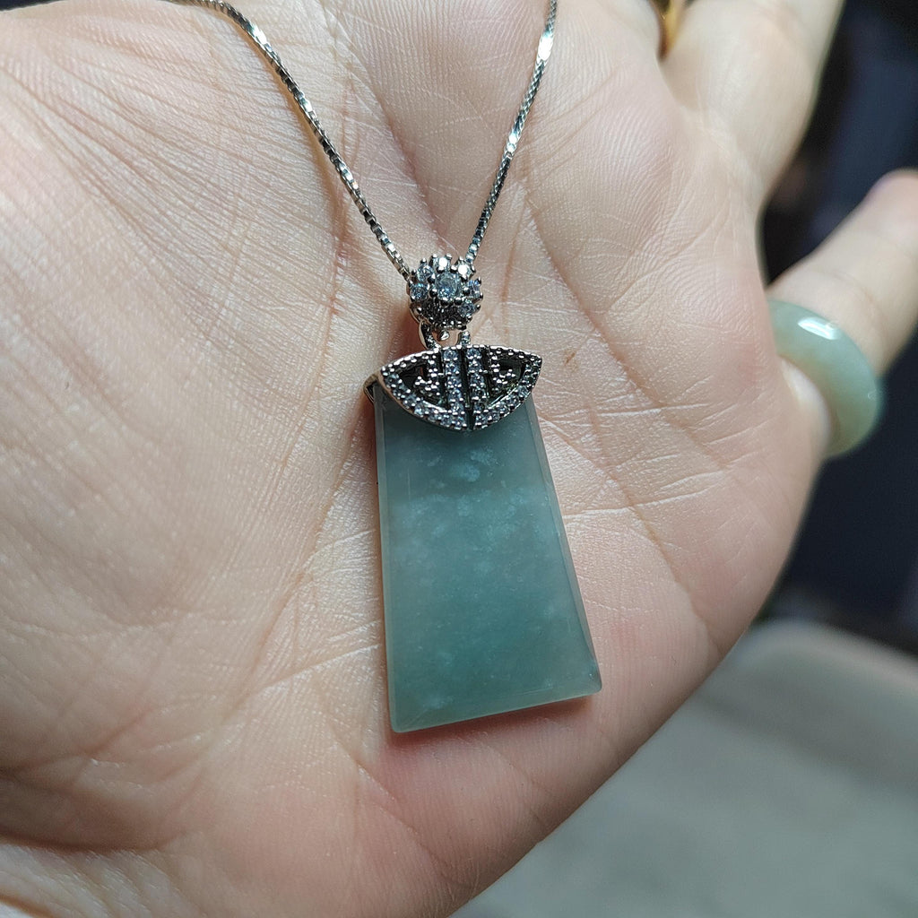 Guatemala Icy White Green Blue Sky Trapezoid Jadeite Pendant | A-Grade Natural | Women & Men | Zirconia Accents SL041 - SL Precious