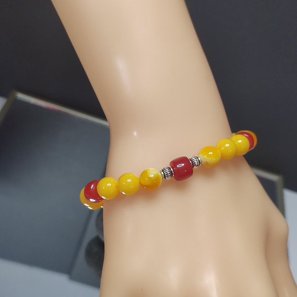 Natural Handmade Russian Baltic Beeswax Amber & China Southern Nanhong Agate S999 Pure Silver Bead Bracelet - Gifts for Her SL328
