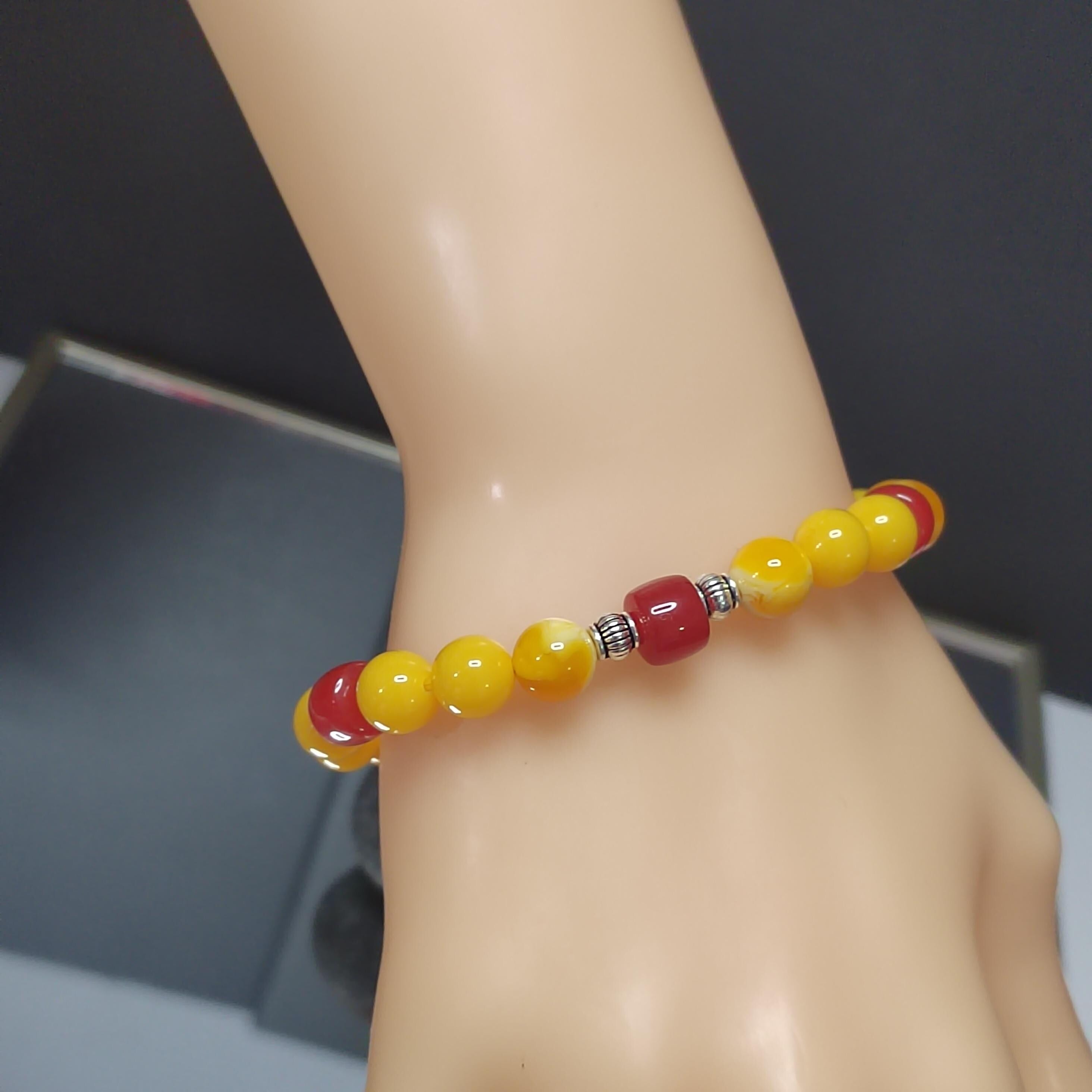 Natural Handmade Russian Baltic Beeswax Amber & China Southern Nanhong Agate S999 Pure Silver Bead Bracelet - Gifts for Her SL328