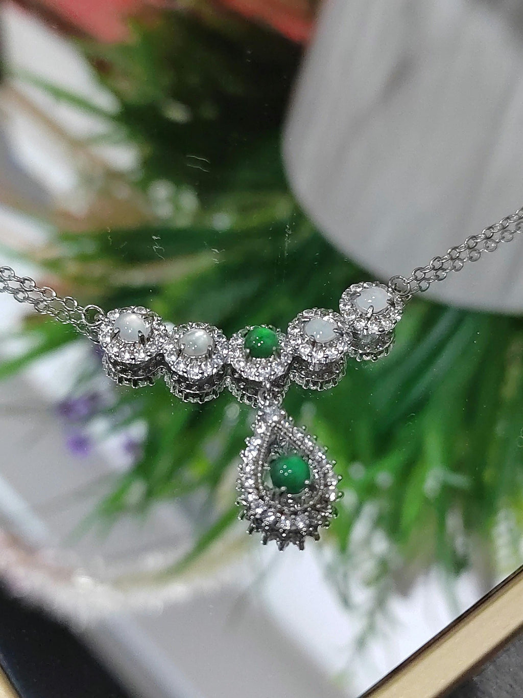 Natural Untreated A-Grade Icy White Apple Green Jadeite V-Neck Necklace | Zircon Accents SL011 - SL Precious
