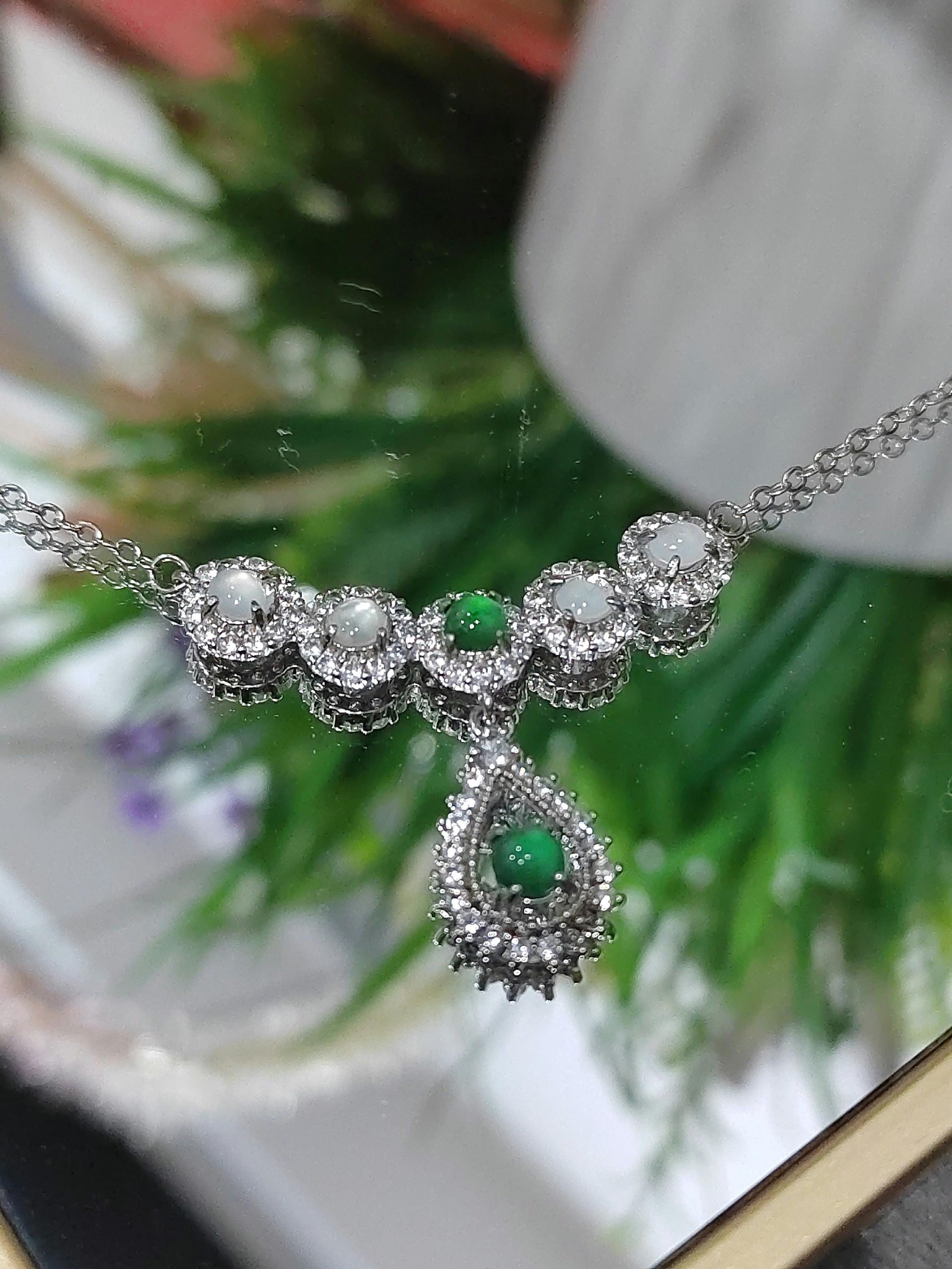 Natural Untreated A-Grade Icy White Apple Green Jadeite V-Neck Necklace | Zircon Accents SL011 - SL Precious