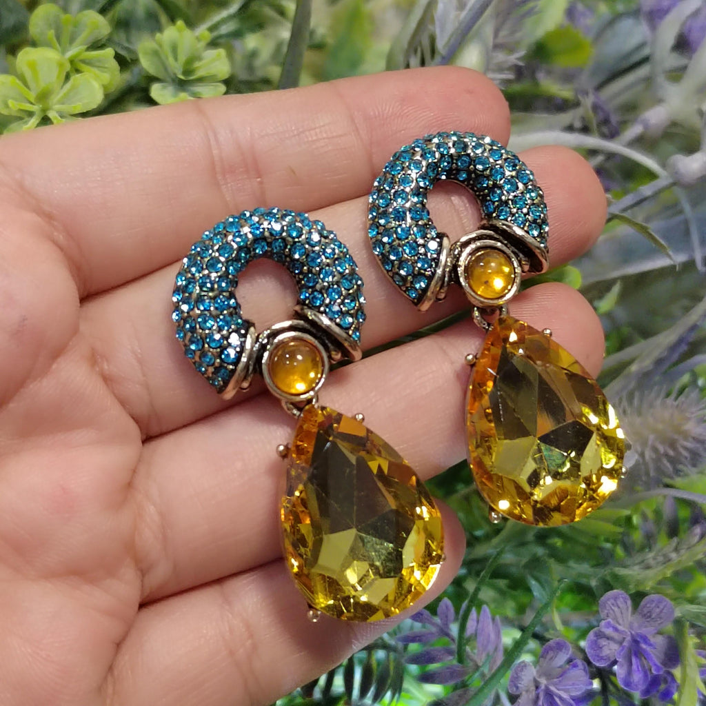 Rhinestone 925 Silver Stud Chucky Earrings Luxury Blue Yellow Wedding, Anniversary, Party, Casual SL158 - SL Precious