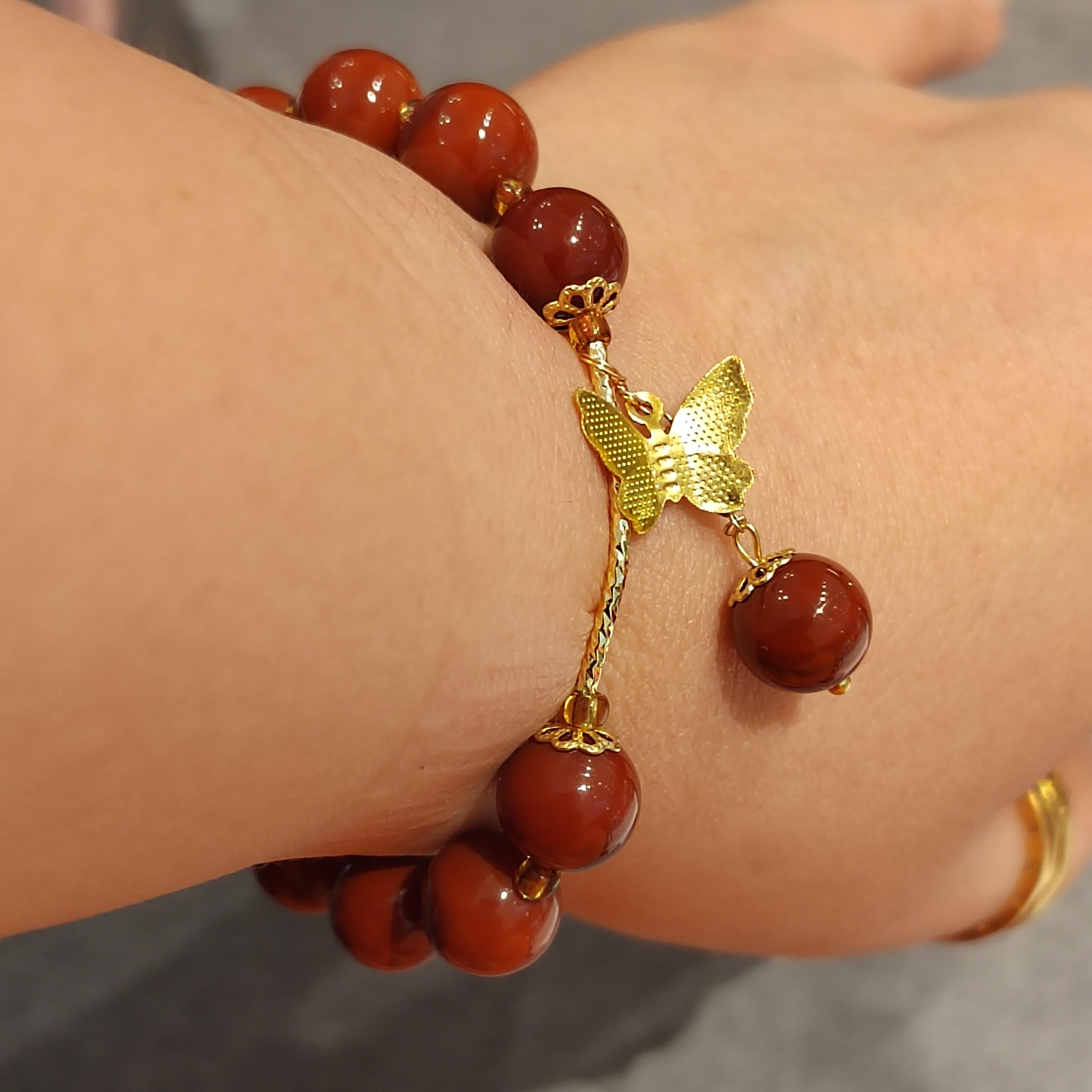 Elegant Certified Natural Ox Blood Southern Nanhong Agate 14k Plated Bead Bracelet - Gifts for Her SL324
