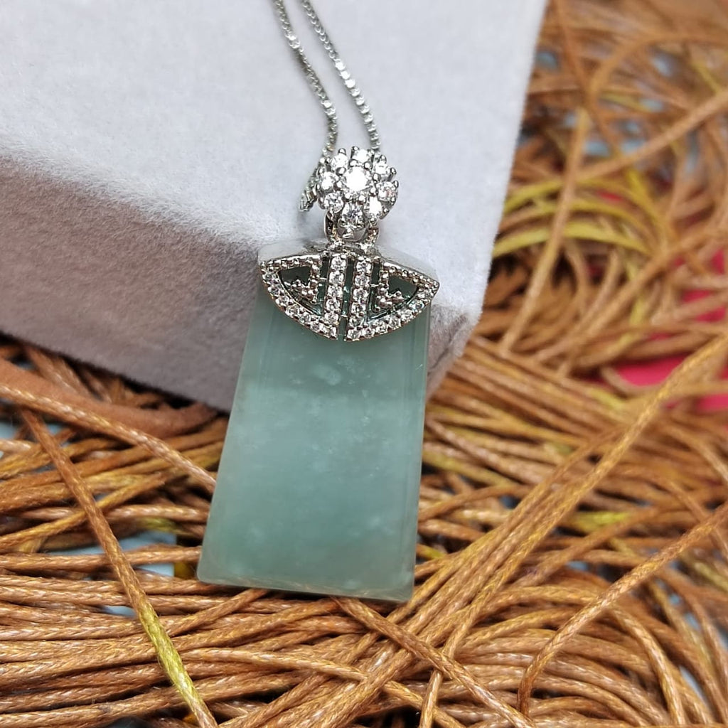 Guatemala Icy White Green Blue Sky Trapezoid Jadeite Pendant | A-Grade Natural | Women & Men | Zirconia Accents SL041 - SL Precious