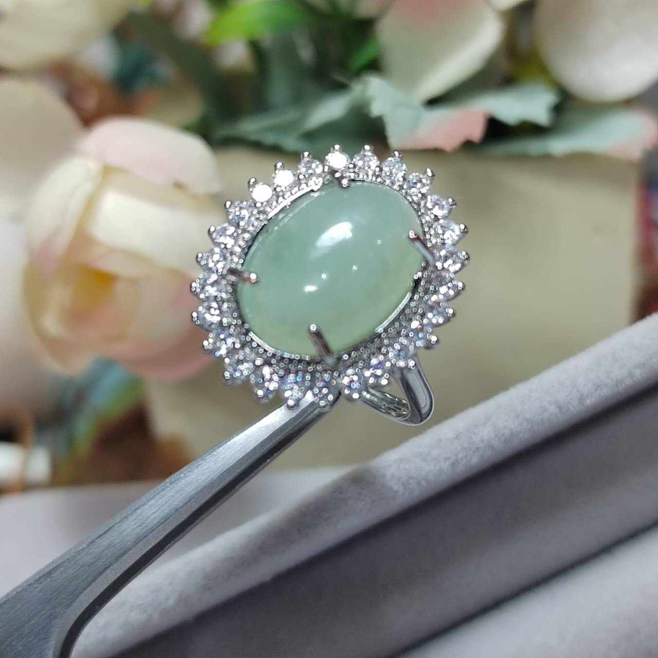 Burmese Gemstone Creamy Green Jadeite Ring | Zircon Accent | S925 Plated with 18K White Gold SL086