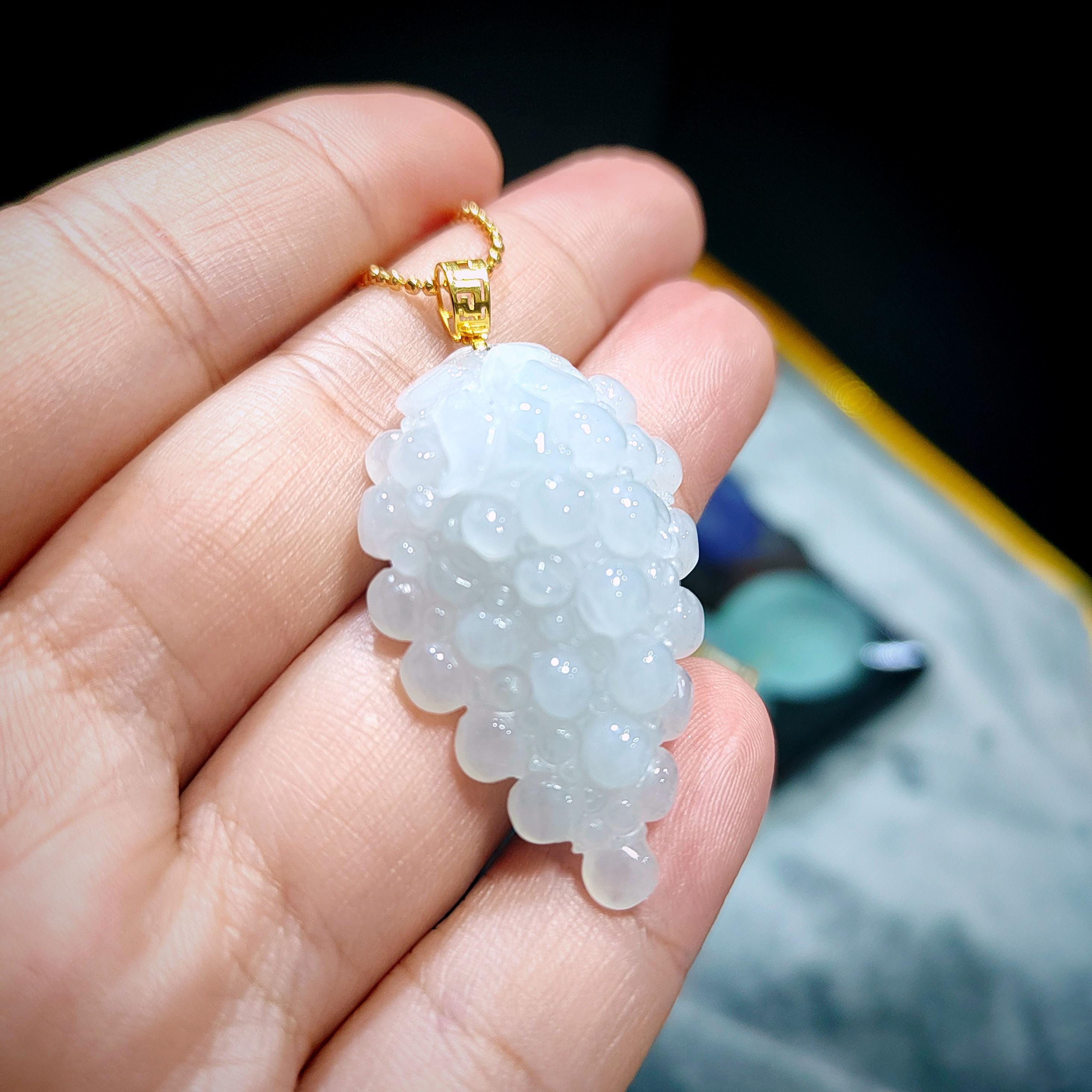 Certified Burmese Gemstone A-Grade White Icy Hand Carved Grape Shape Jadeite Pendant | 18k Solid Yellow Gold Buckle | Gifts For Her SL8020 - SL Precious