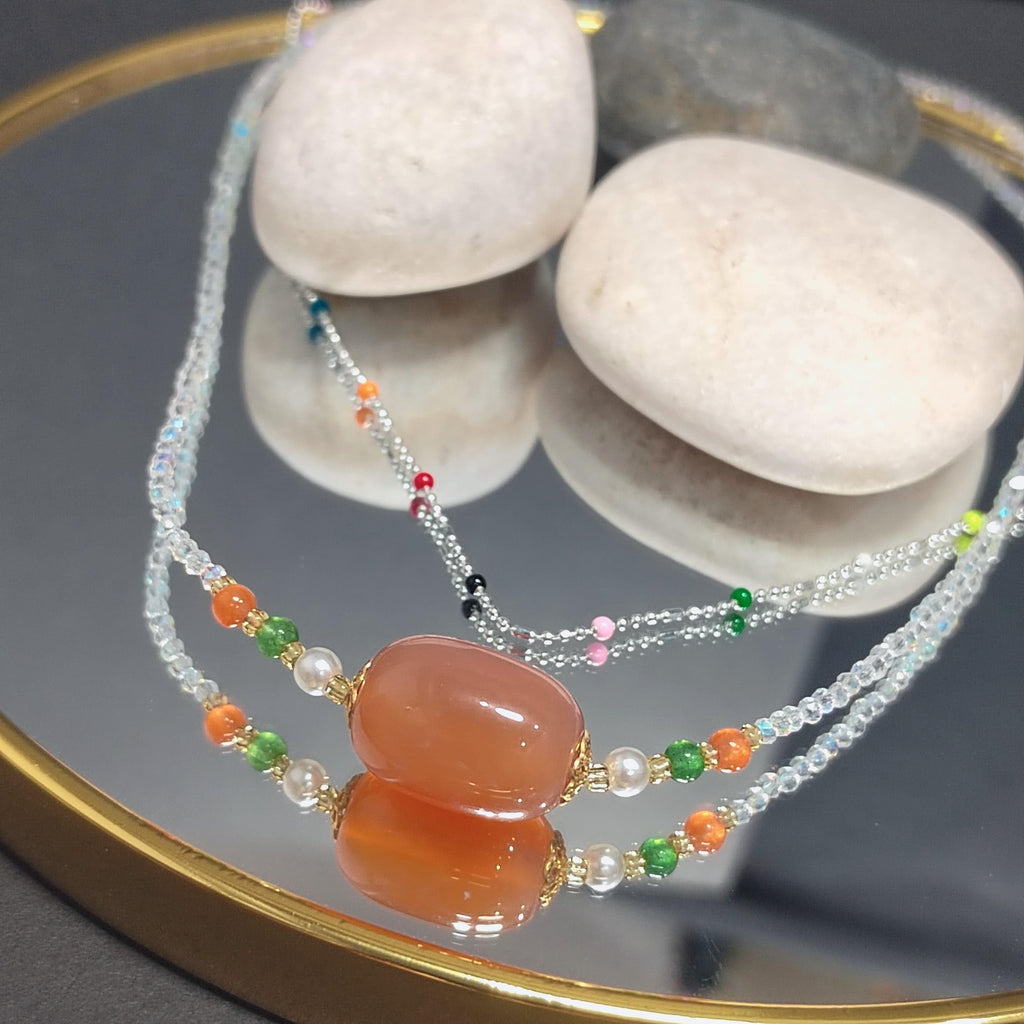 2pcs Set Natural Yanyuan Agate Clean Quartz Bead Necklaces & S9999 Pure Silver Colorful Beads Design SL299