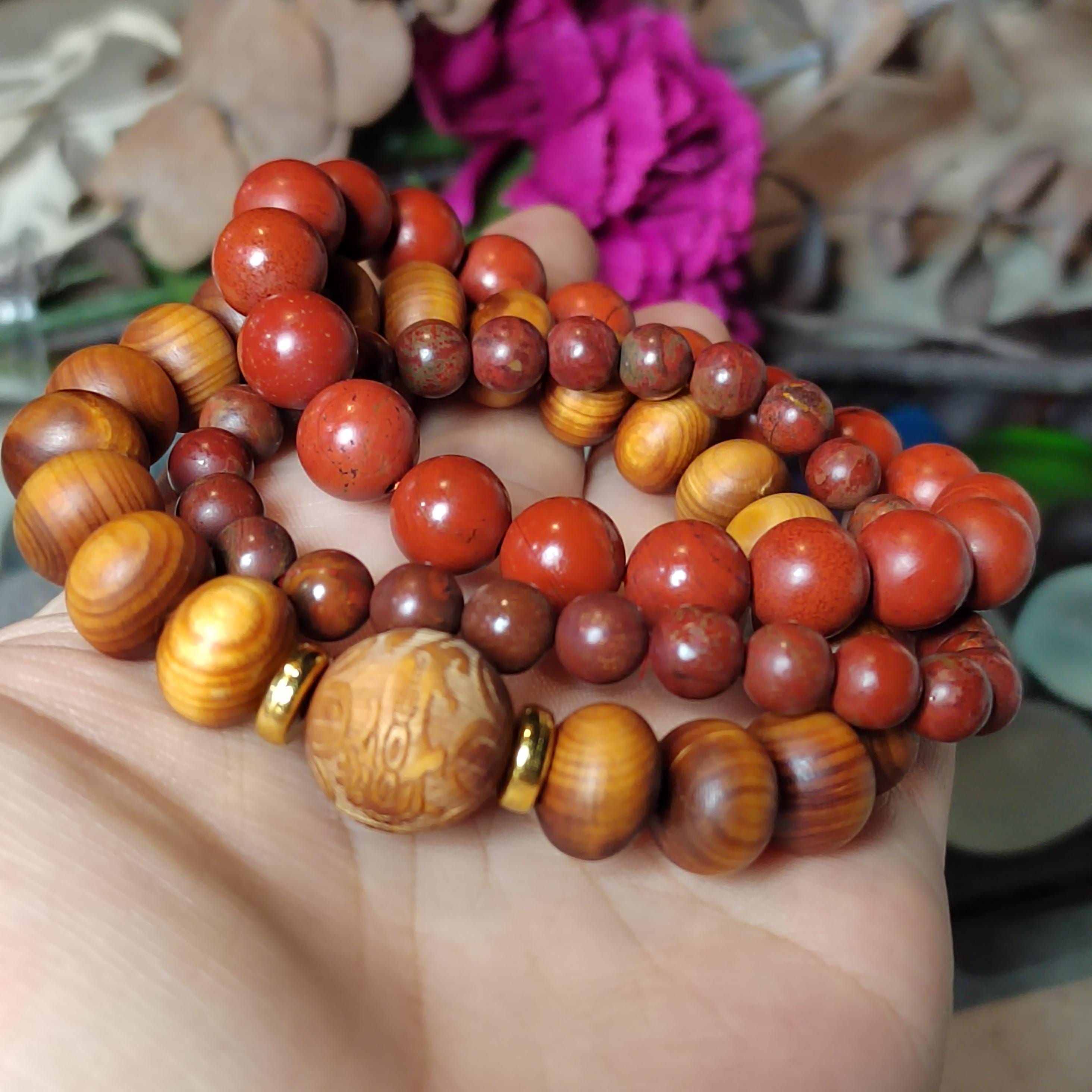3pcs Set Aromatic Wood Bracelets with Wujia South Red Agate Accent |Ya Bai Thuja| Carved Cypress| Natural Aroma| Panwan Ready SL415