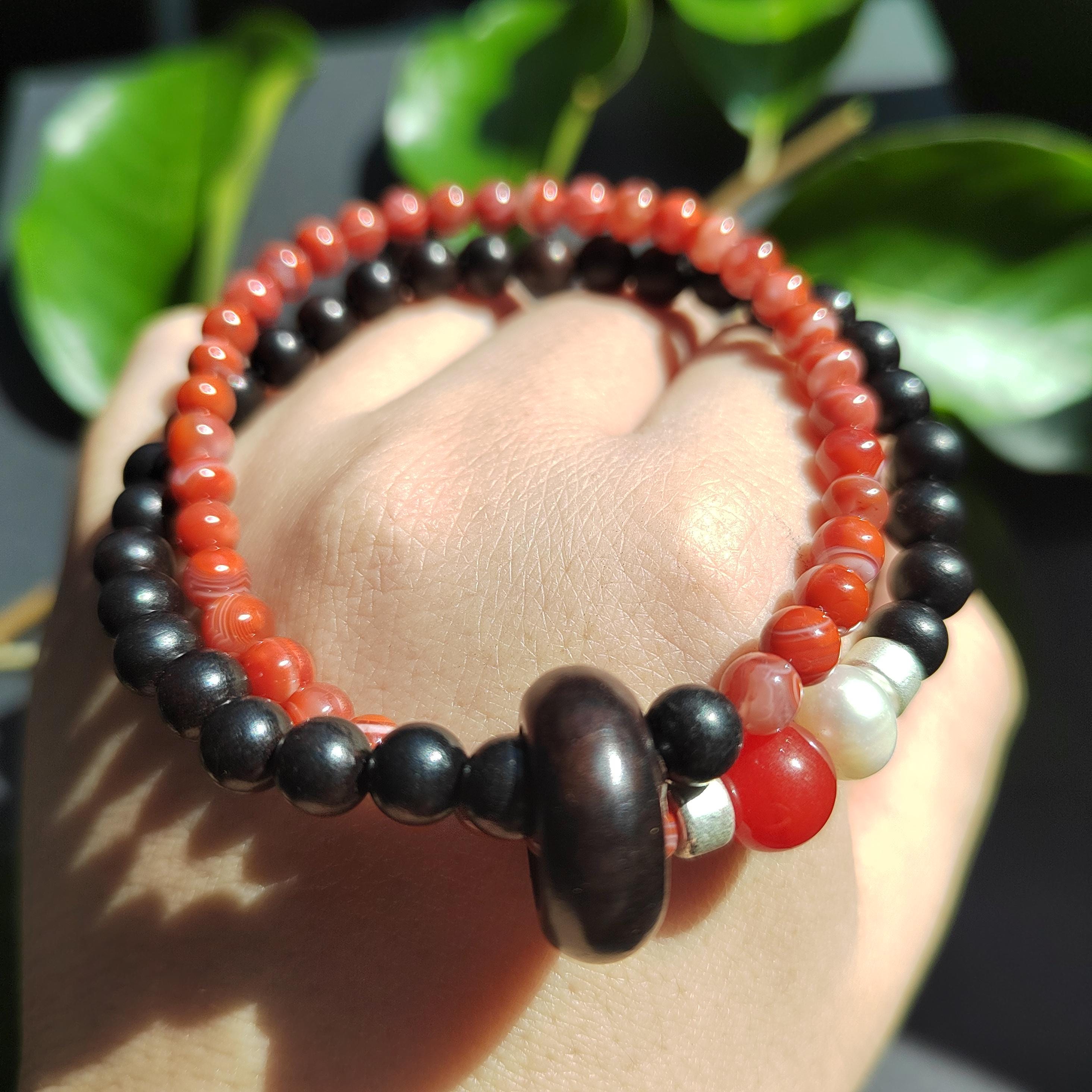 Handmade Stacking Bracelet Set | Ebony, Sandalwood, Pearl & Lapis with Natural Agate Beads | SL404