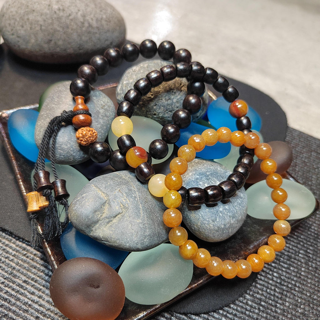 Burmese Yellow Jadeite Bracelet Set: HuangLong Jade & Ebony Wood SL423