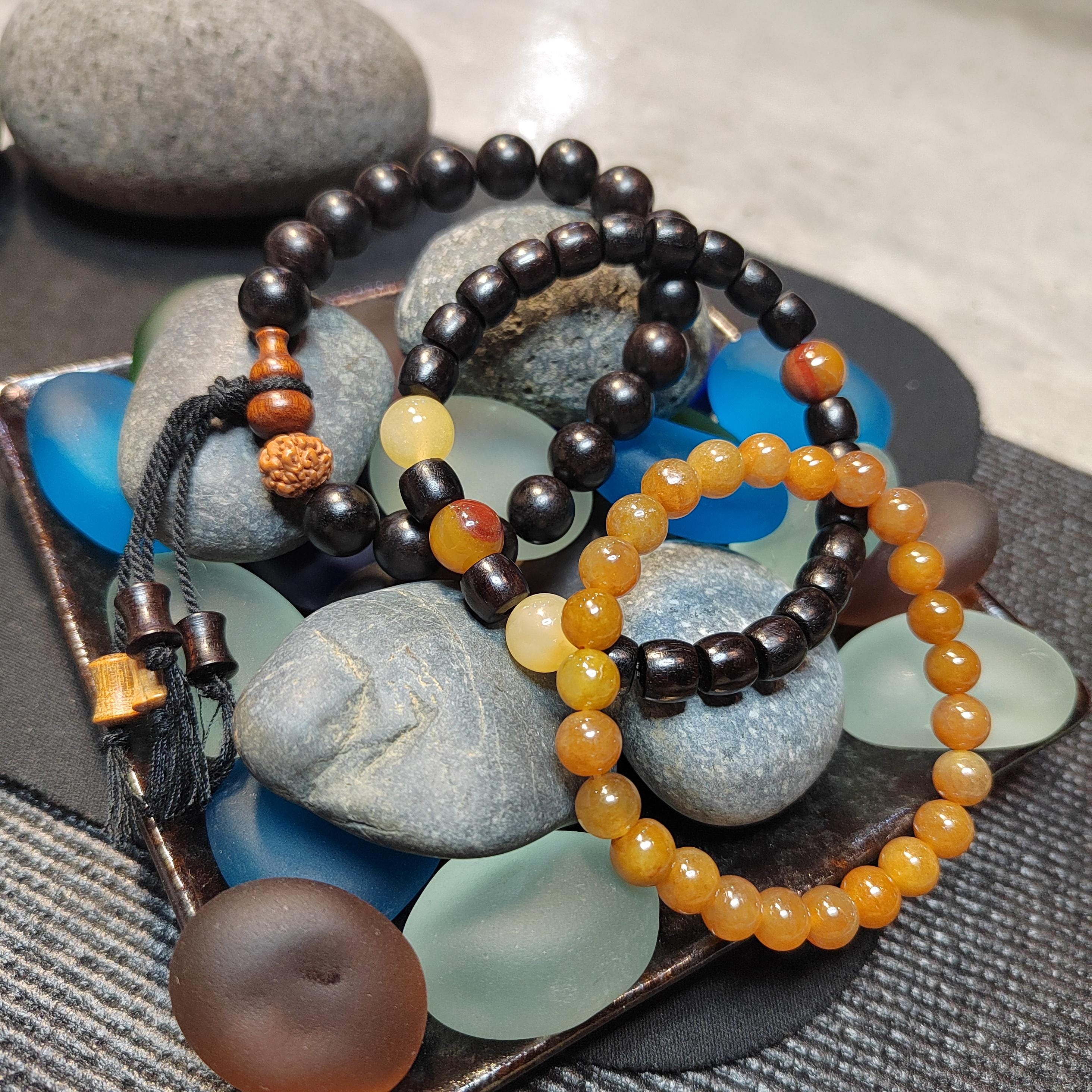 Burmese Yellow Jadeite Bracelet Set: HuangLong Jade & Ebony Wood SL423