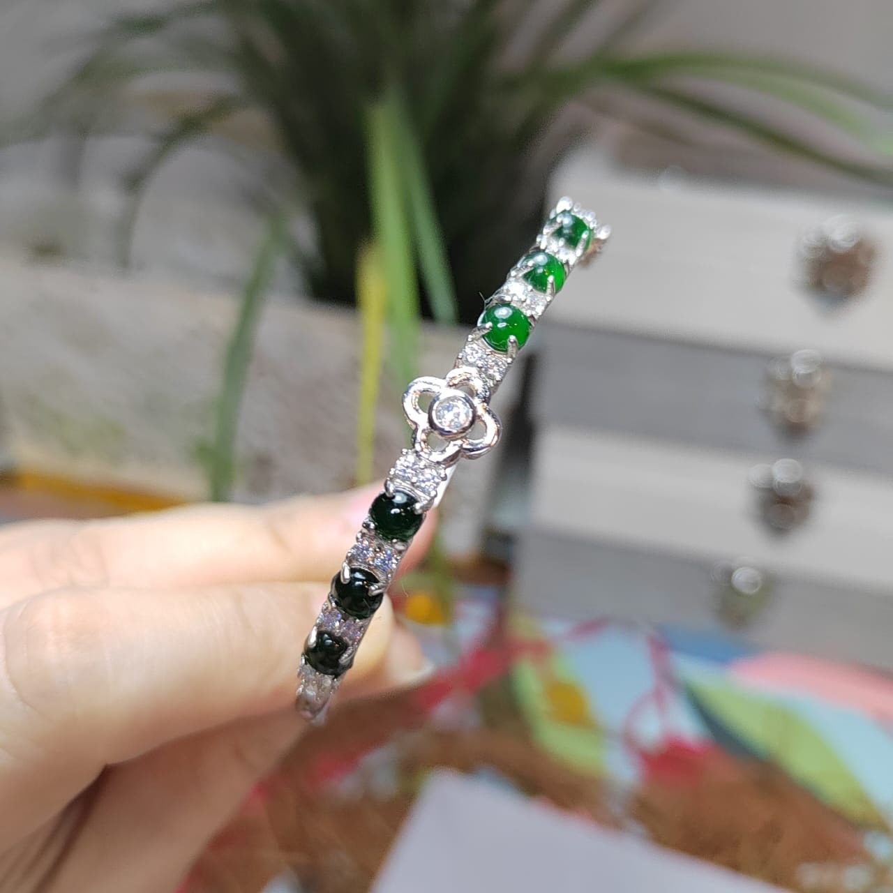 6 Spherical Dark Green Guatemala Jadeite & Zirconia Bangle | 925 Silver | Elegant Design SL037