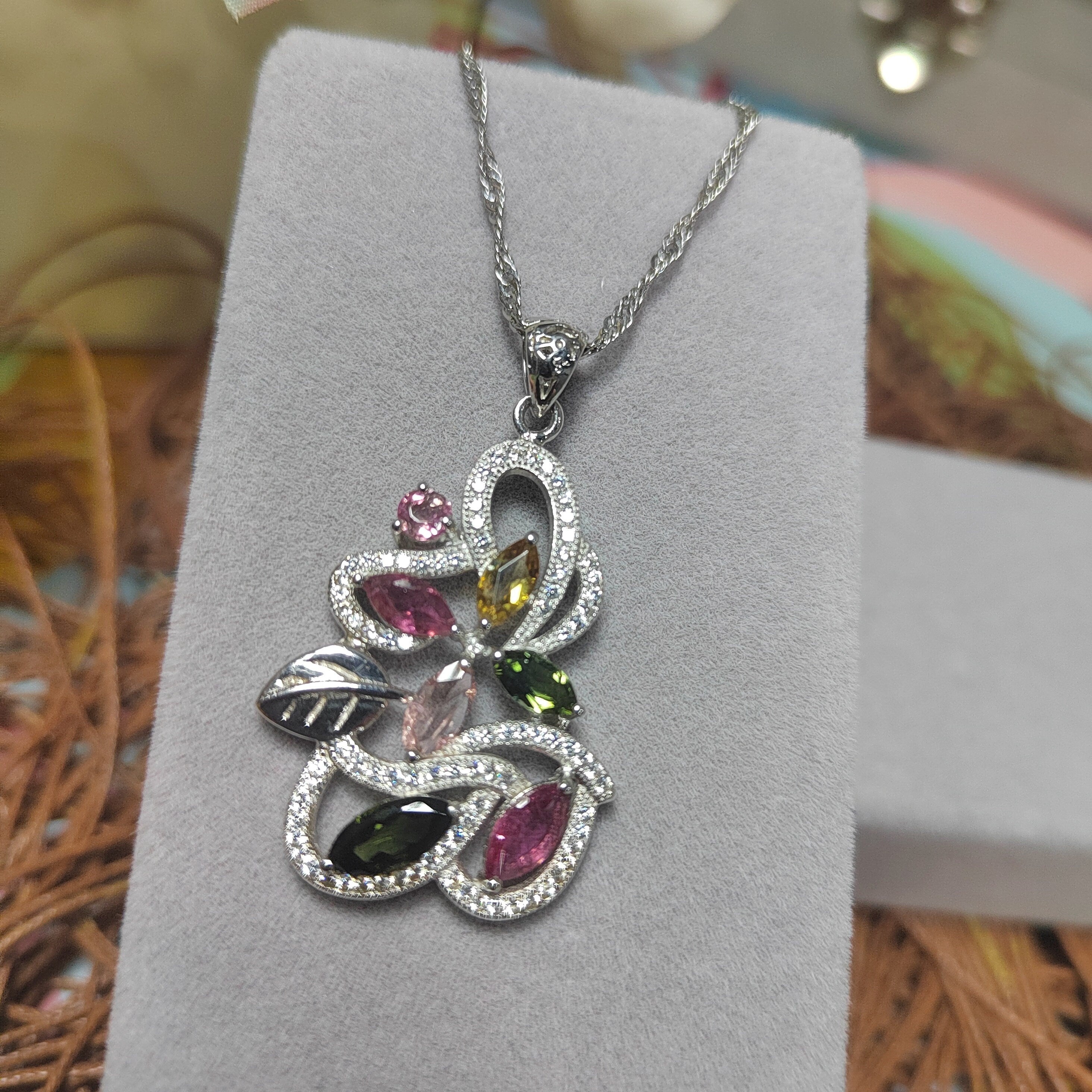 Colorful Untreated Natural Tourmaline Pendant Beautiful Flowers with Zirconia Setting SL071 - SL Precious