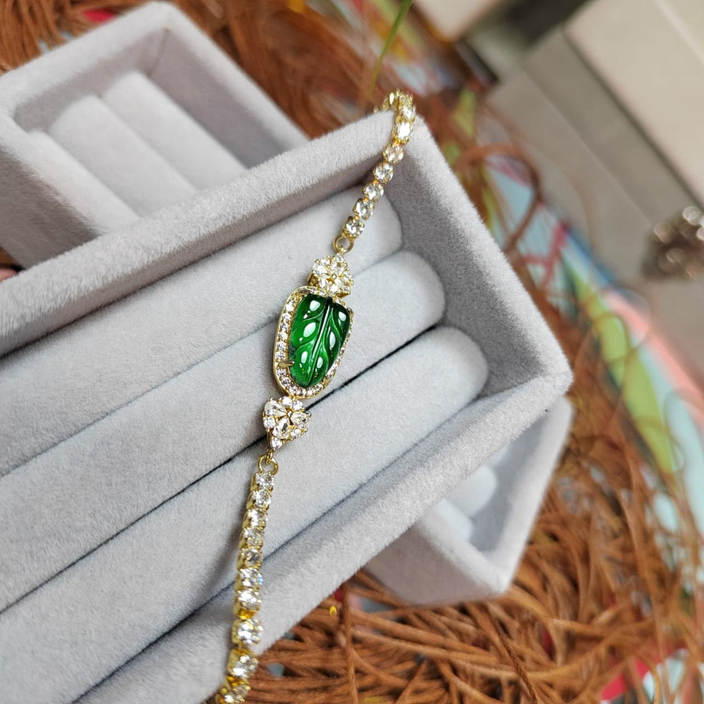 A-Grade Women Natural Gemstone Guatemala Imperial Geen Leaf Jadeite with Zircon on Gold Plated Bracelet For Her SL044