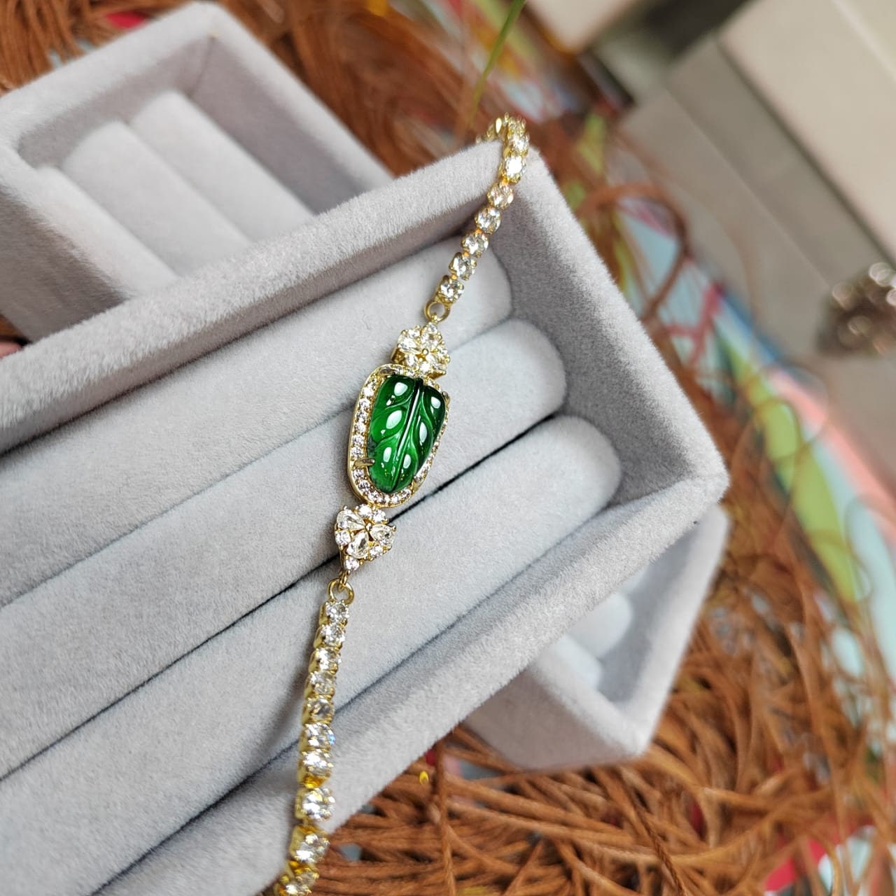 A-Grade Women Natural Gemstone Guatemala Imperial Geen Leaf Jadeite with Zircon on Gold Plated Bracelet For Her SL044