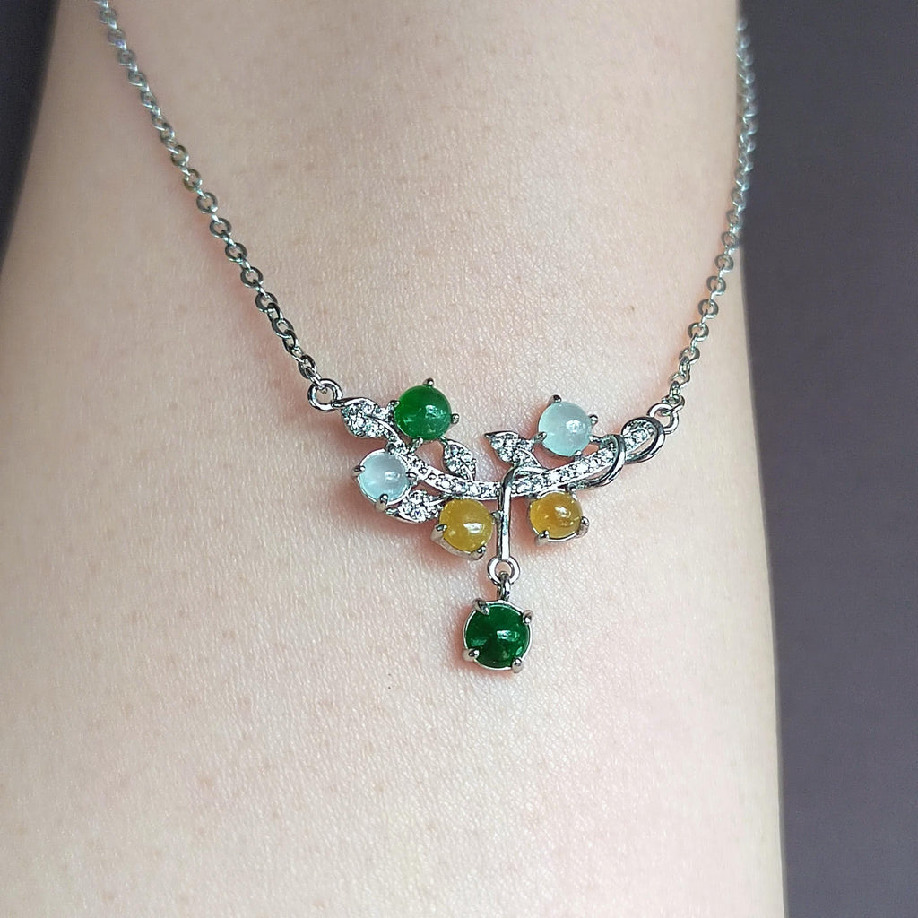 3 Colors Women Burmese Icy White, Yellow, Imperial Green Jadeite Necklace with Zircon Accent 925 Silver Plated with 18K White Gold SL082