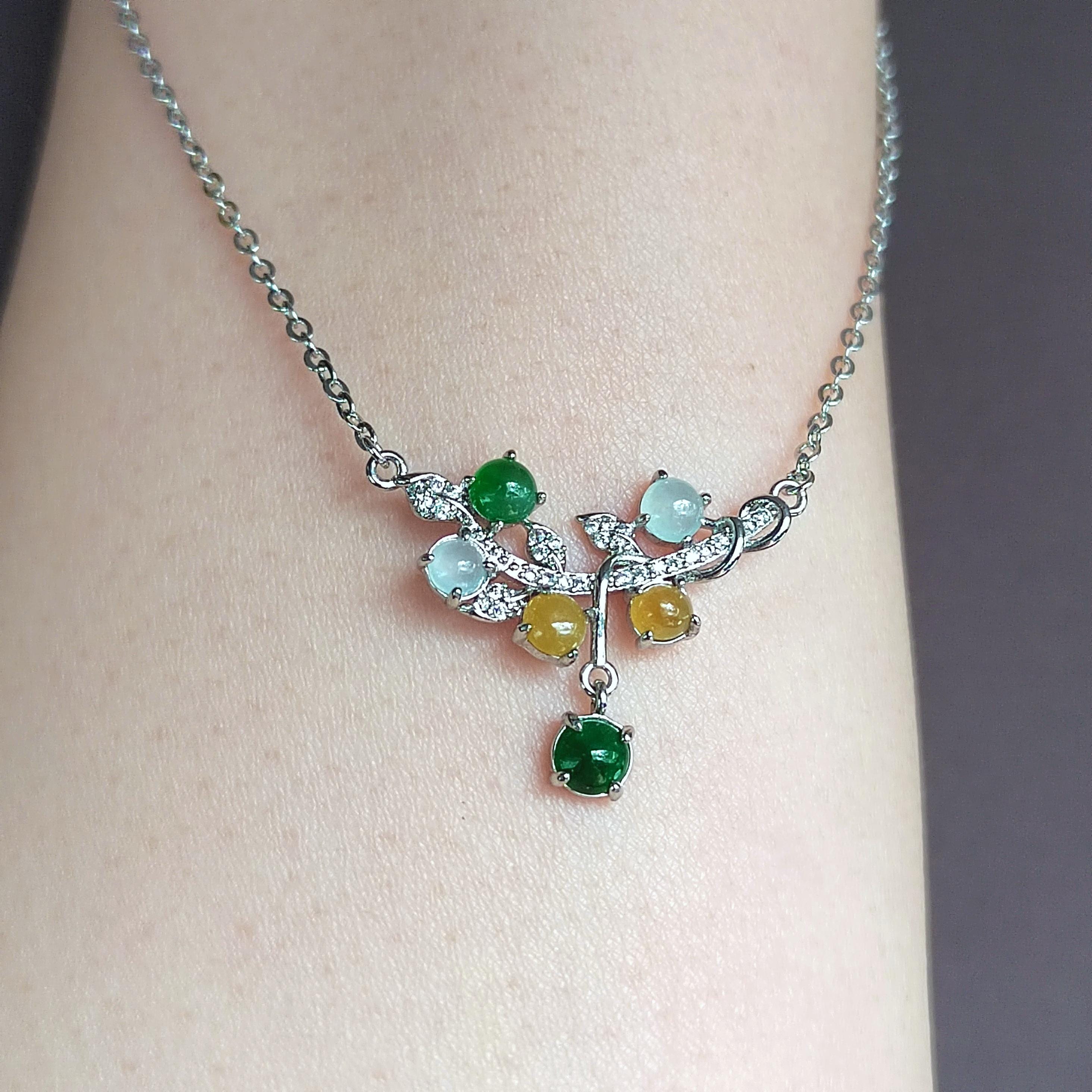 3 Colors Women Burmese Icy White, Yellow, Imperial Green Jadeite Necklace with Zircon Accent 925 Silver Plated with 18K White Gold SL082