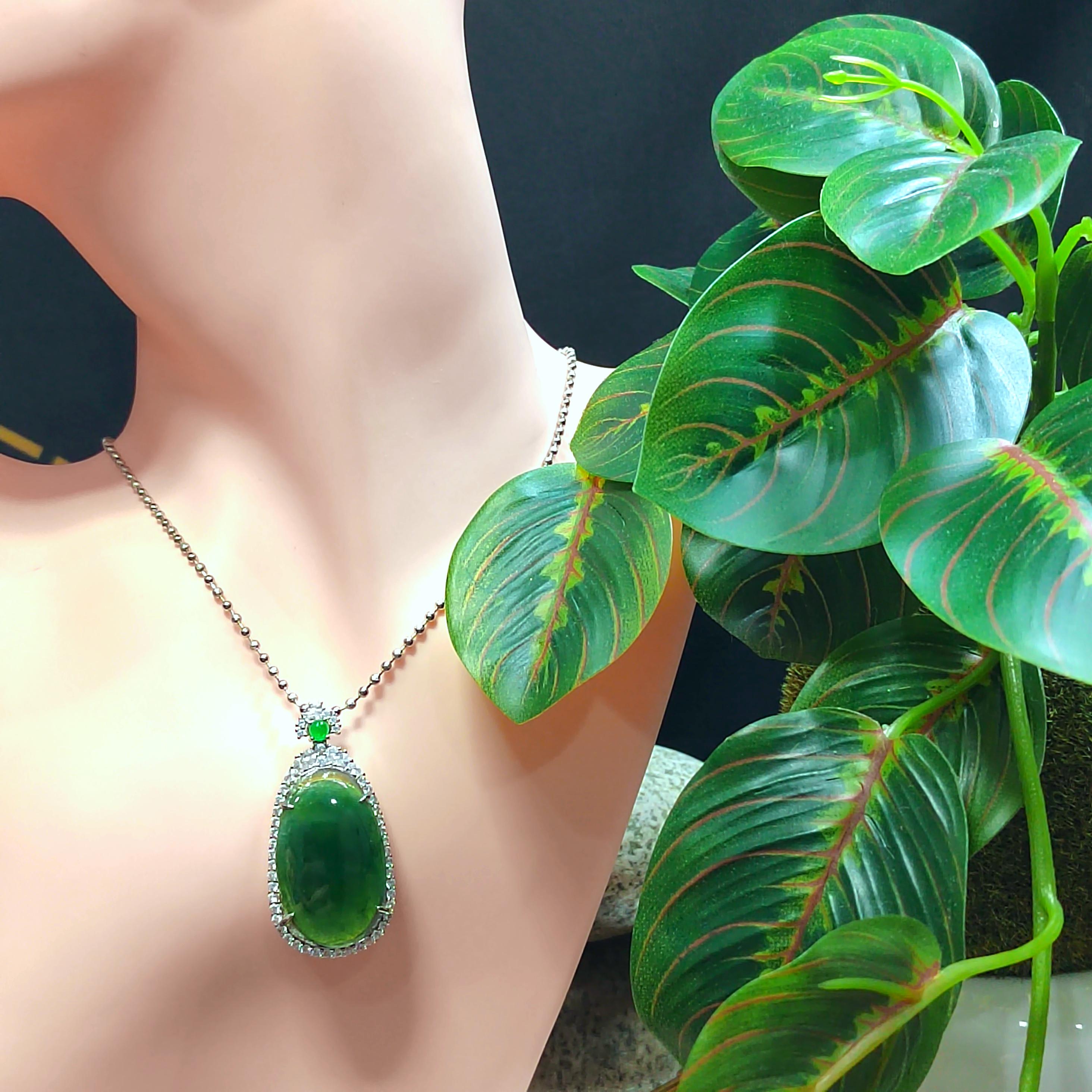 Certified Natural Burmese Necklace Dark Apple Green Jadeite with Zirconia Accents On 925 Silver Plated with 18K White Gold SL062 - SL Precious