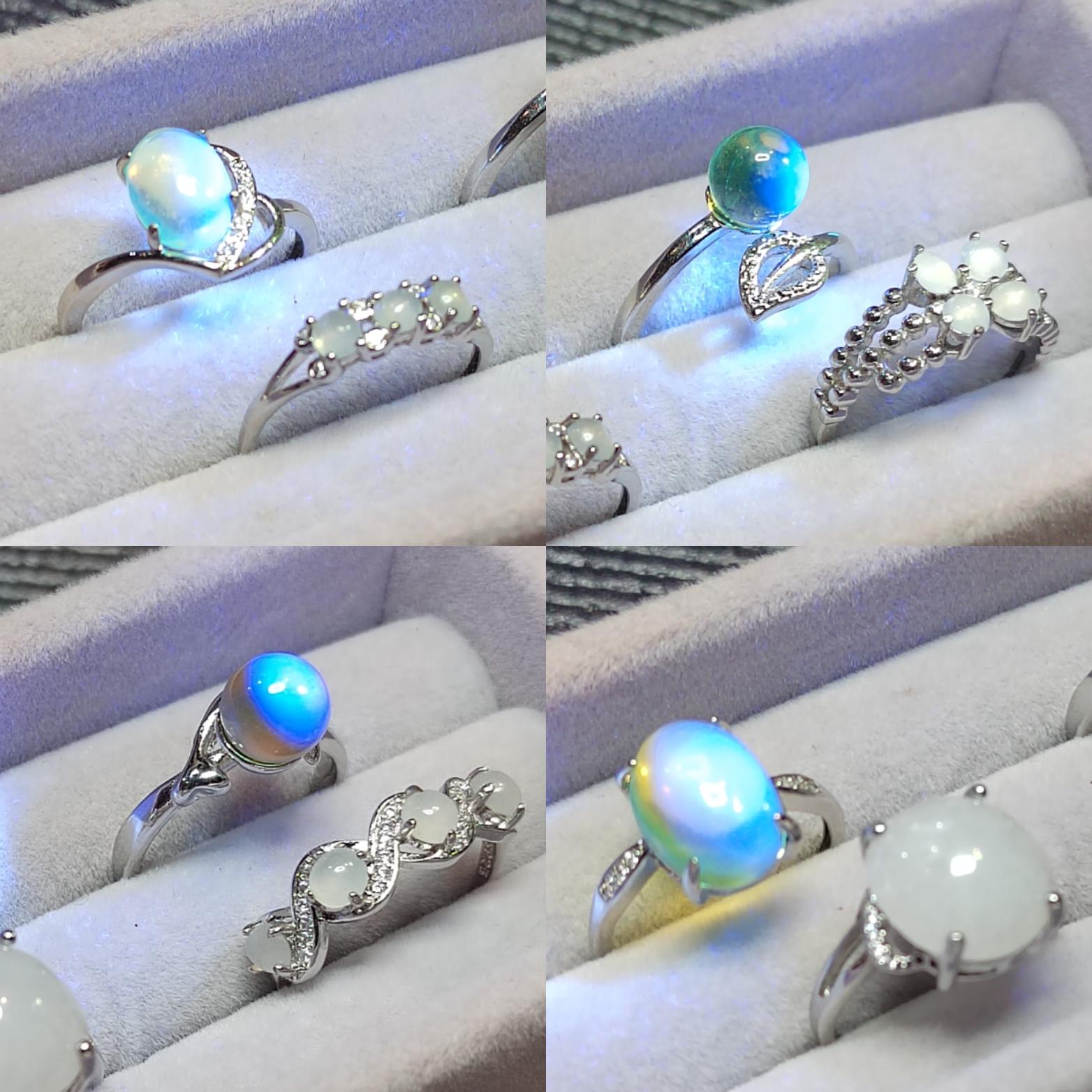 Burmese Blue Amber & Jadeite Ring Set: 18K Gold-Plated S925 Silver, Adjustable SL417