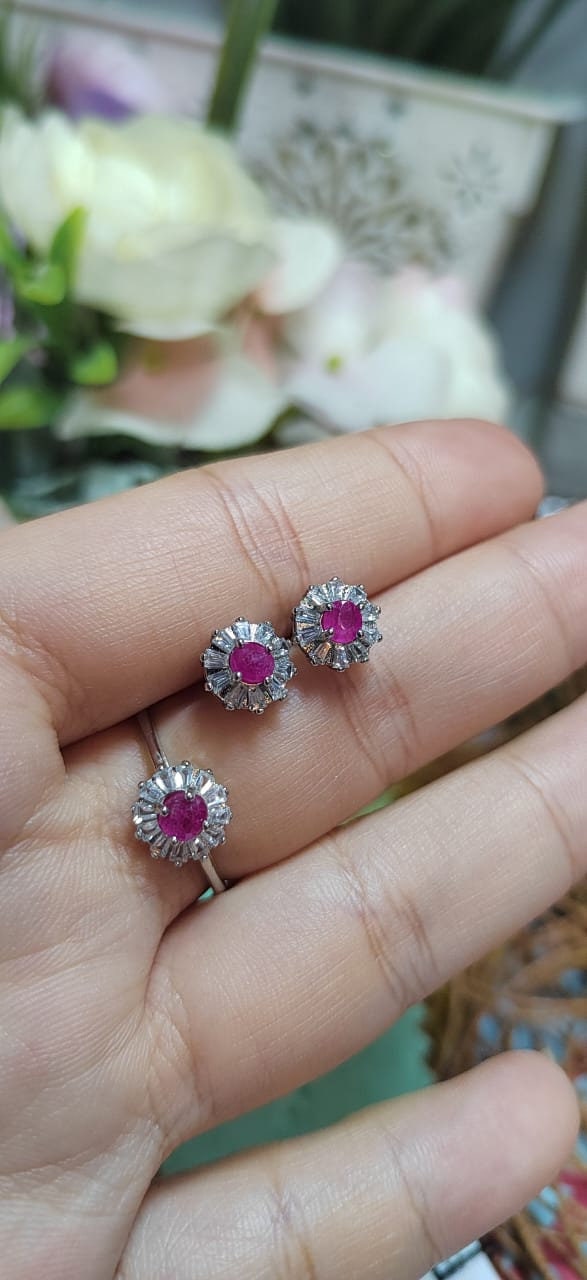Untreated Natural Mogok Burmese Ruby with Zirconia Accent S925 Silver Earring & Ring Set SL055