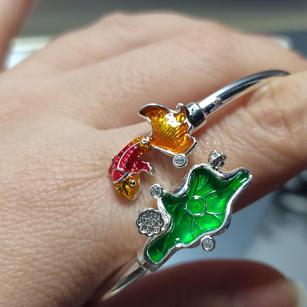 S9999 Silver Filled Vermeil Beautiful Lotus Leaf and Fortune Gold Fish Design With Zircon Set Adjustable Bracelet SL235
