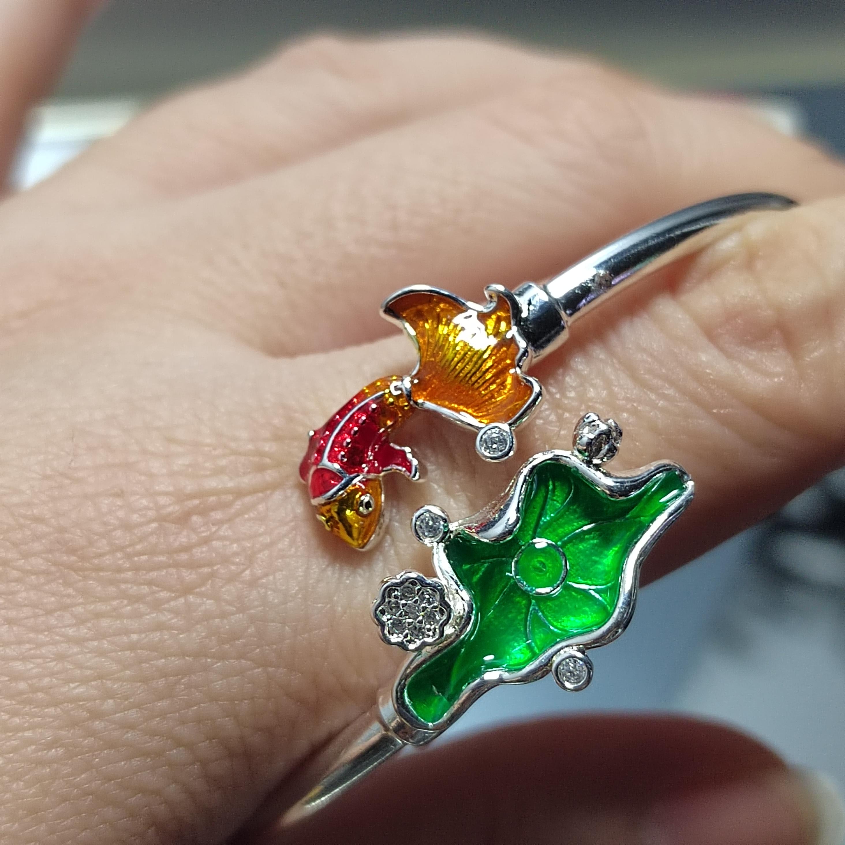 S9999 Silver Filled Vermeil Beautiful Lotus Leaf and Fortune Gold Fish Design With Zircon Set Adjustable Bracelet SL235